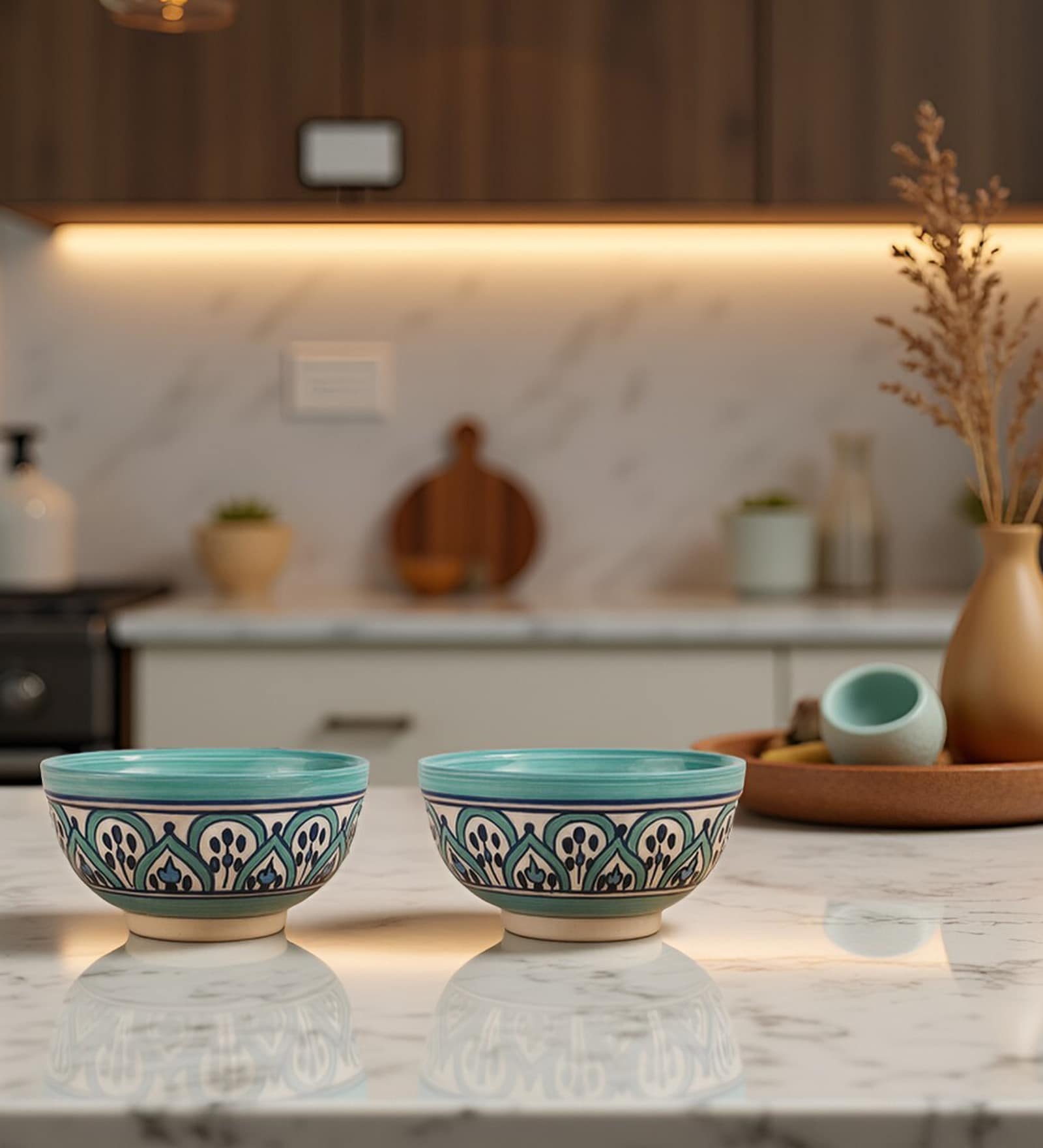 Peacock Feather Ceramic Bowl Set of 2(470ml Each)