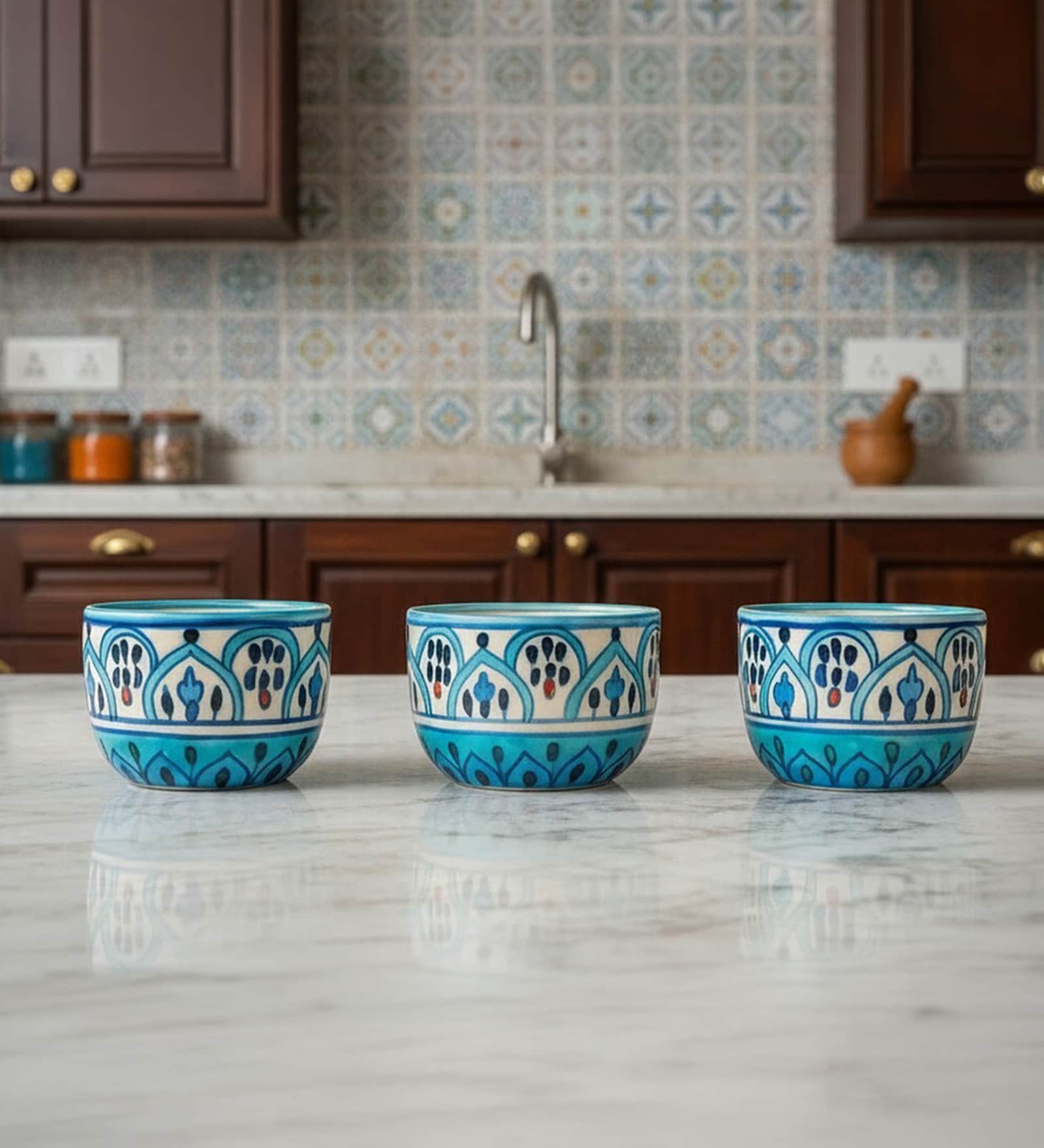 Peacock Feather Motif Ceramic Bowl Set of 3(300ml Each)