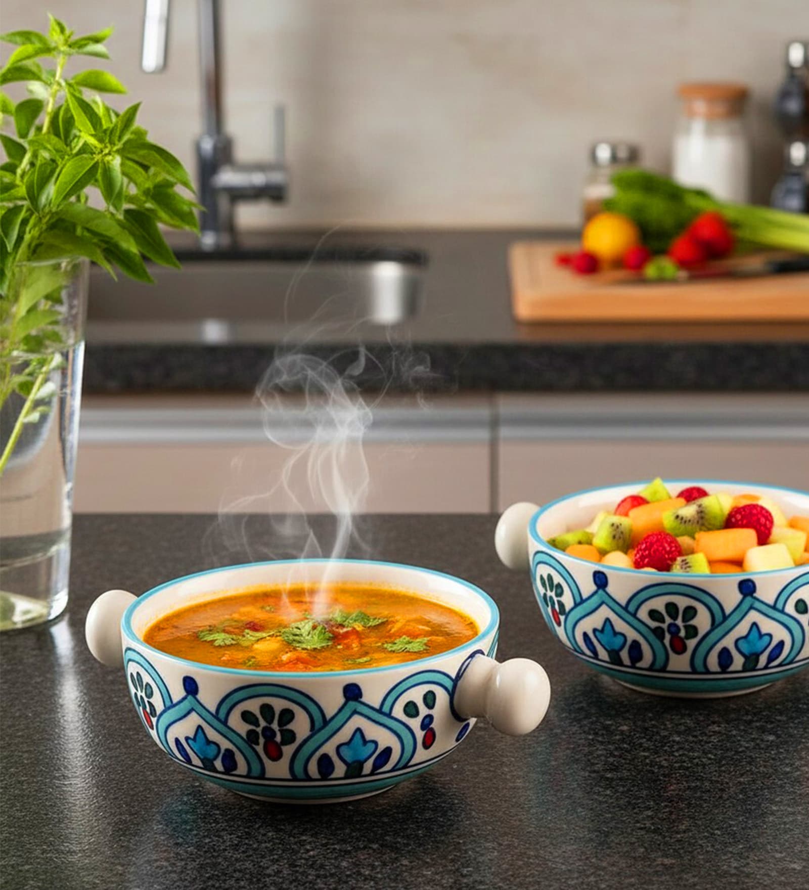 Peacock Feather Motif Ceramic Bowl Set of2(300ml Each)