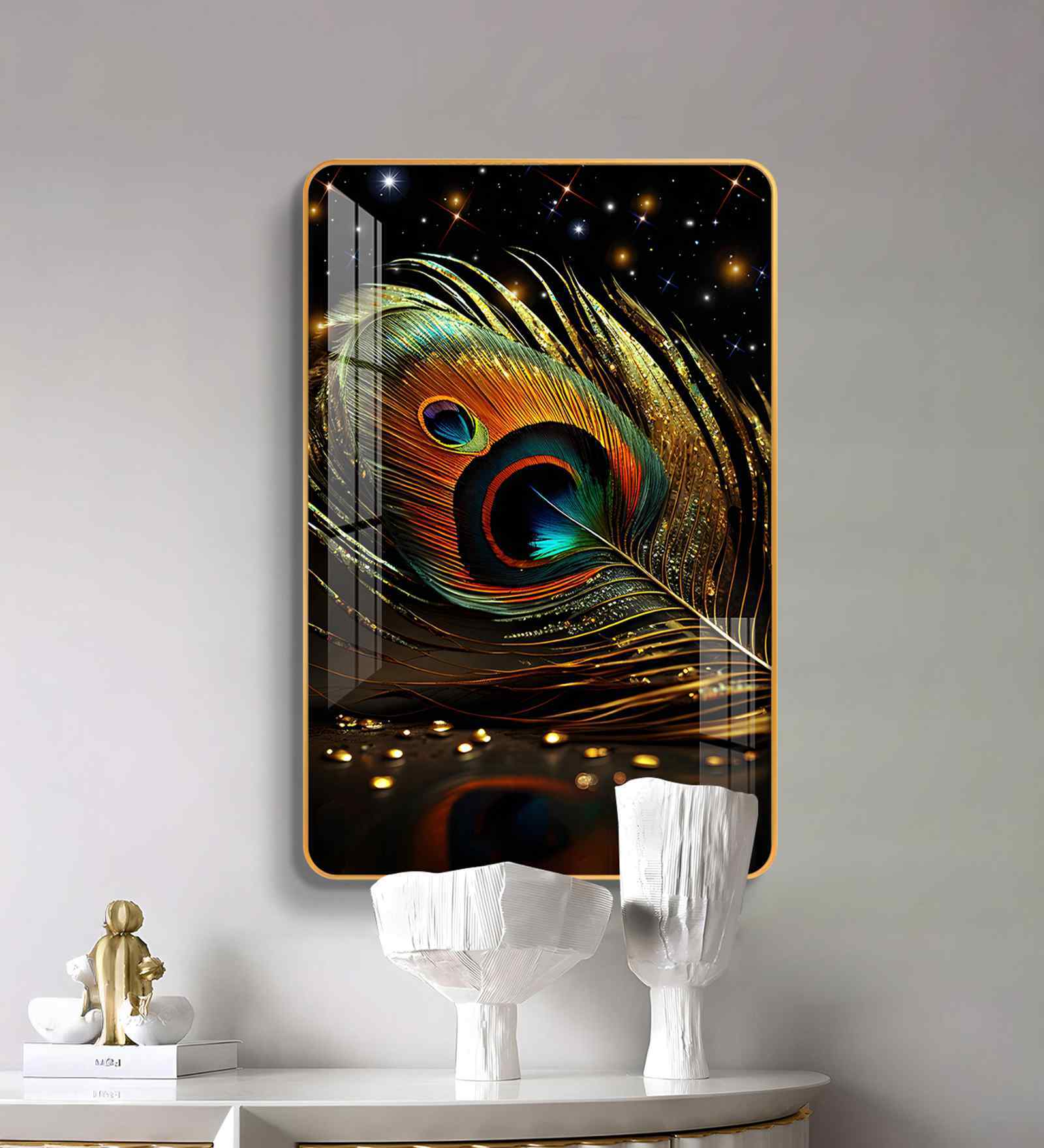 Peacock Feather With Golden HighlightingLines MDF Wood Acrylic Wall Art