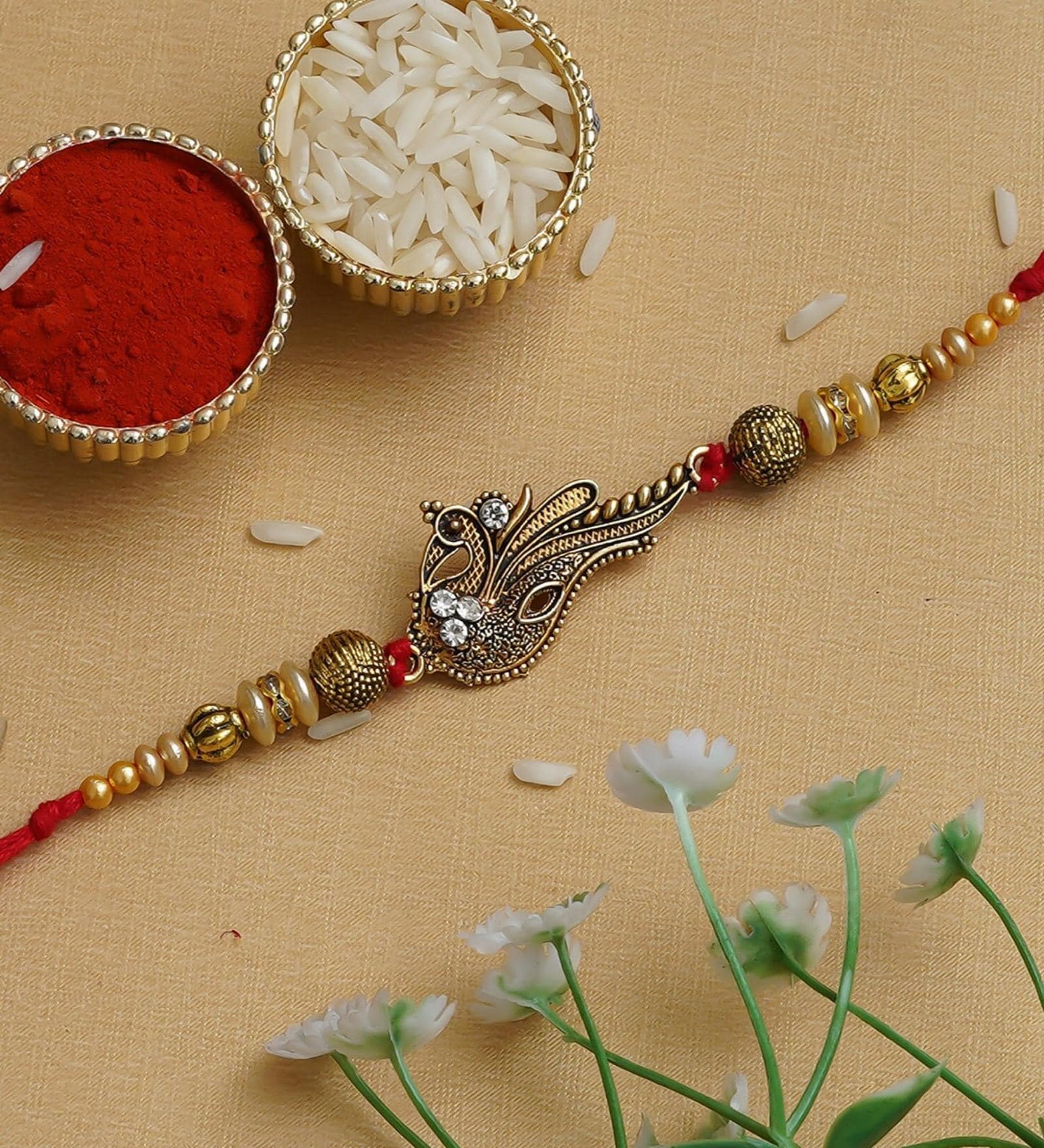 Peacock Gold Finish Rakhi (Red & Gold)