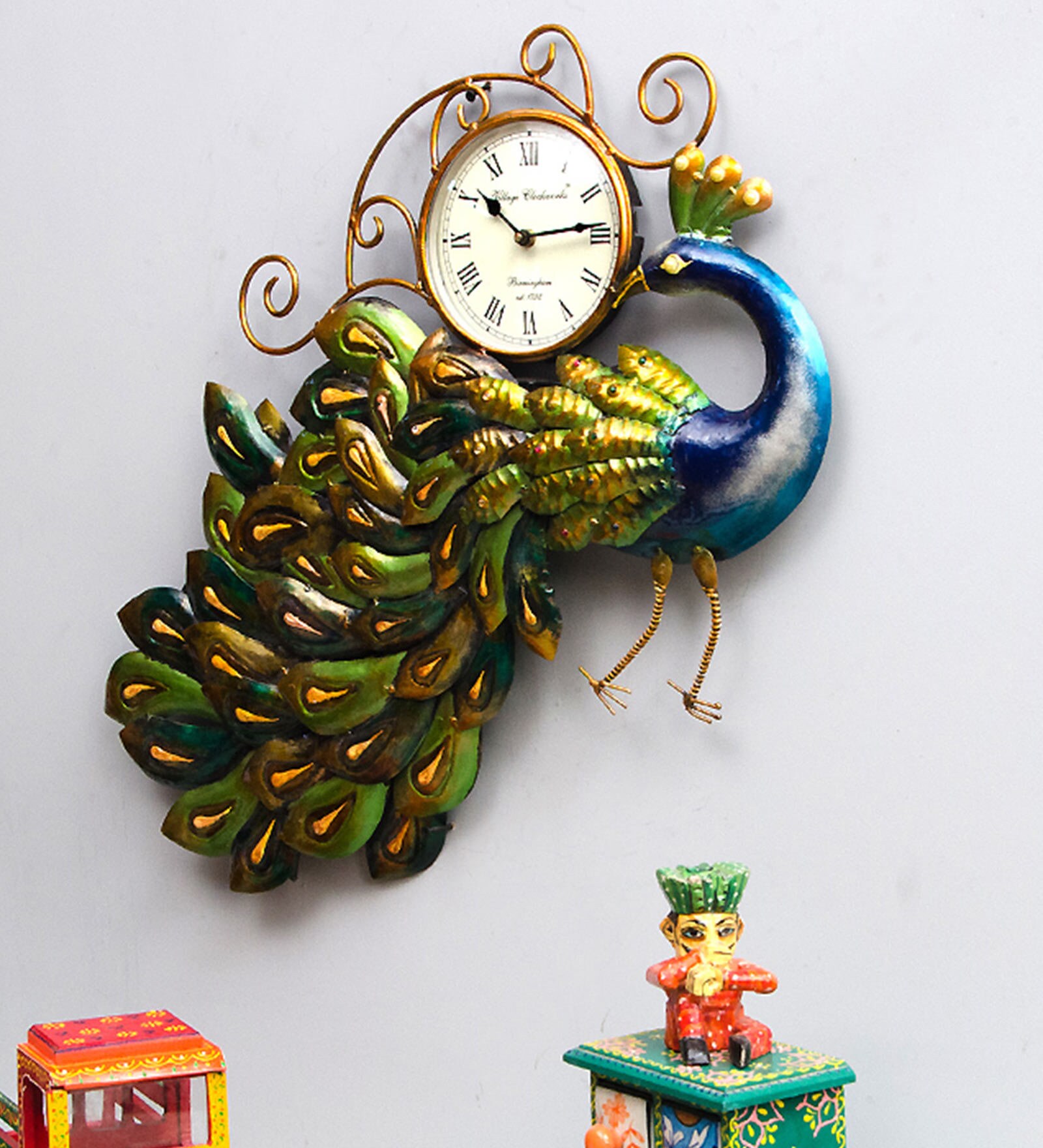 Green Iron Peacock Traditional Wall Clock