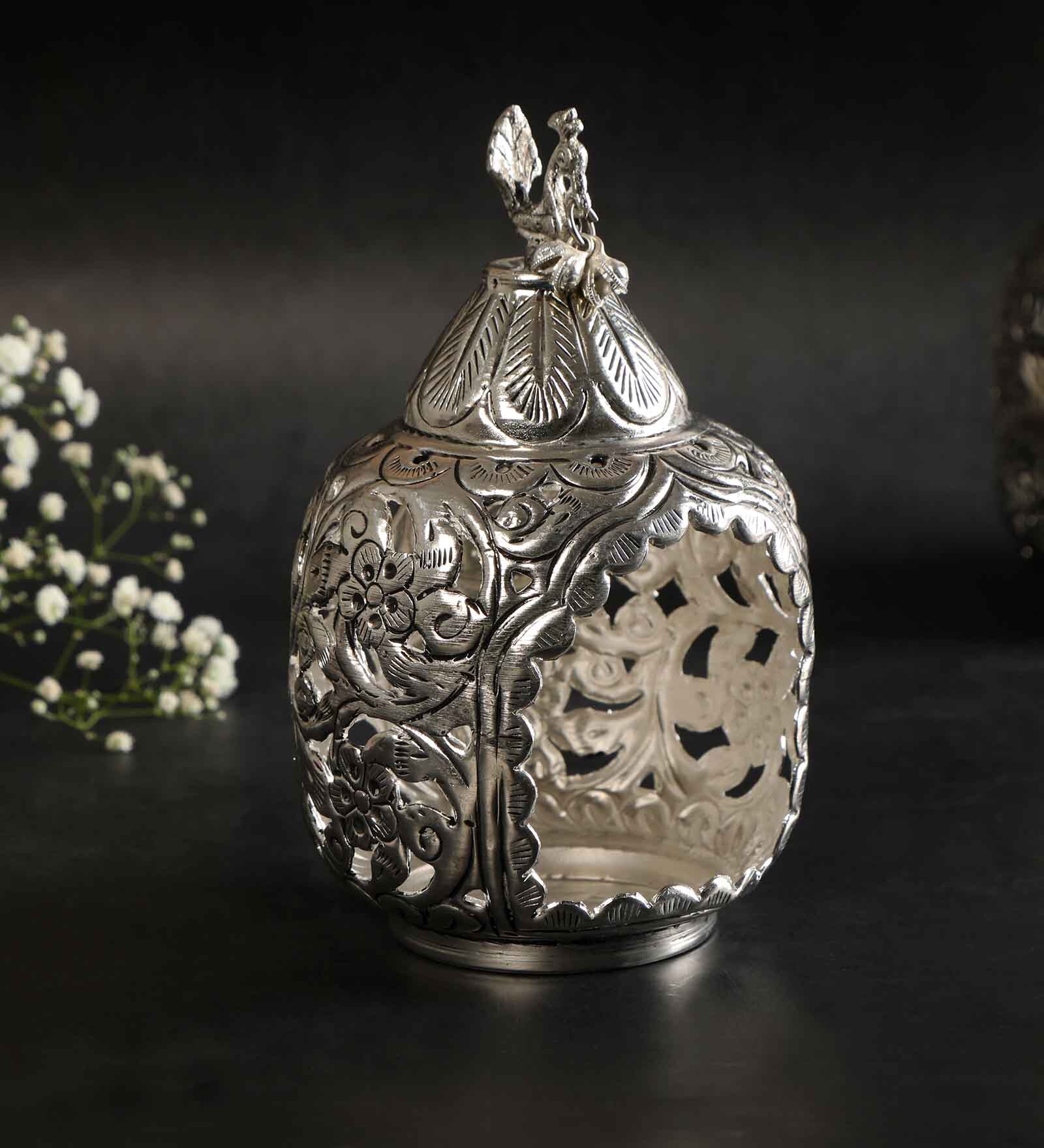 Peacock Jali Cut Silver Metal
Candle Stand