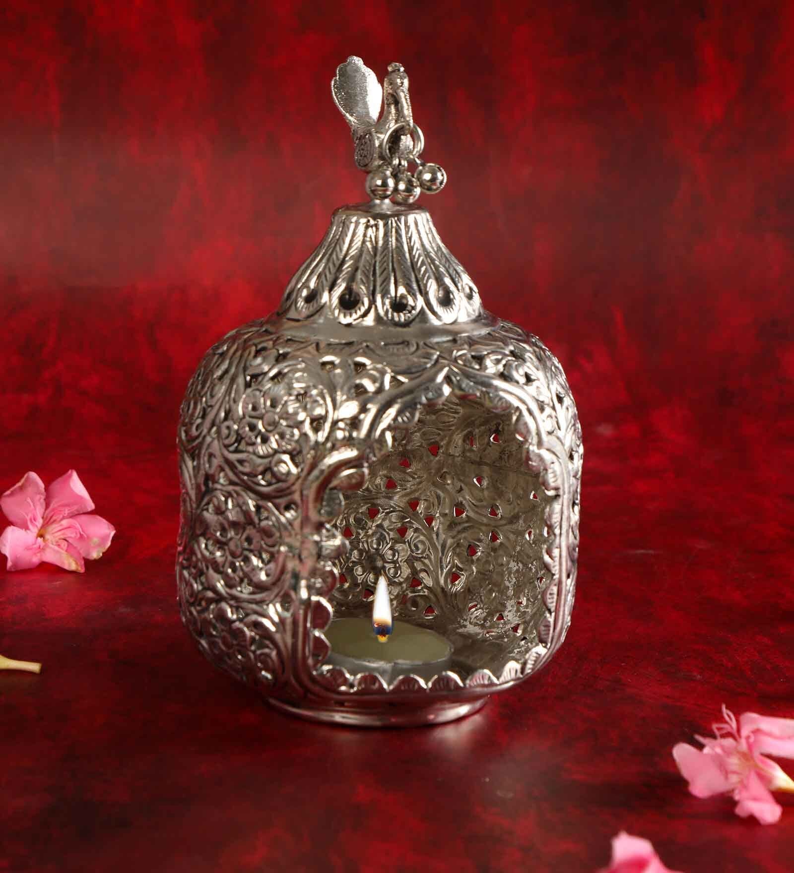 Peacock Jali Cut Silver Metal
Candle Stand