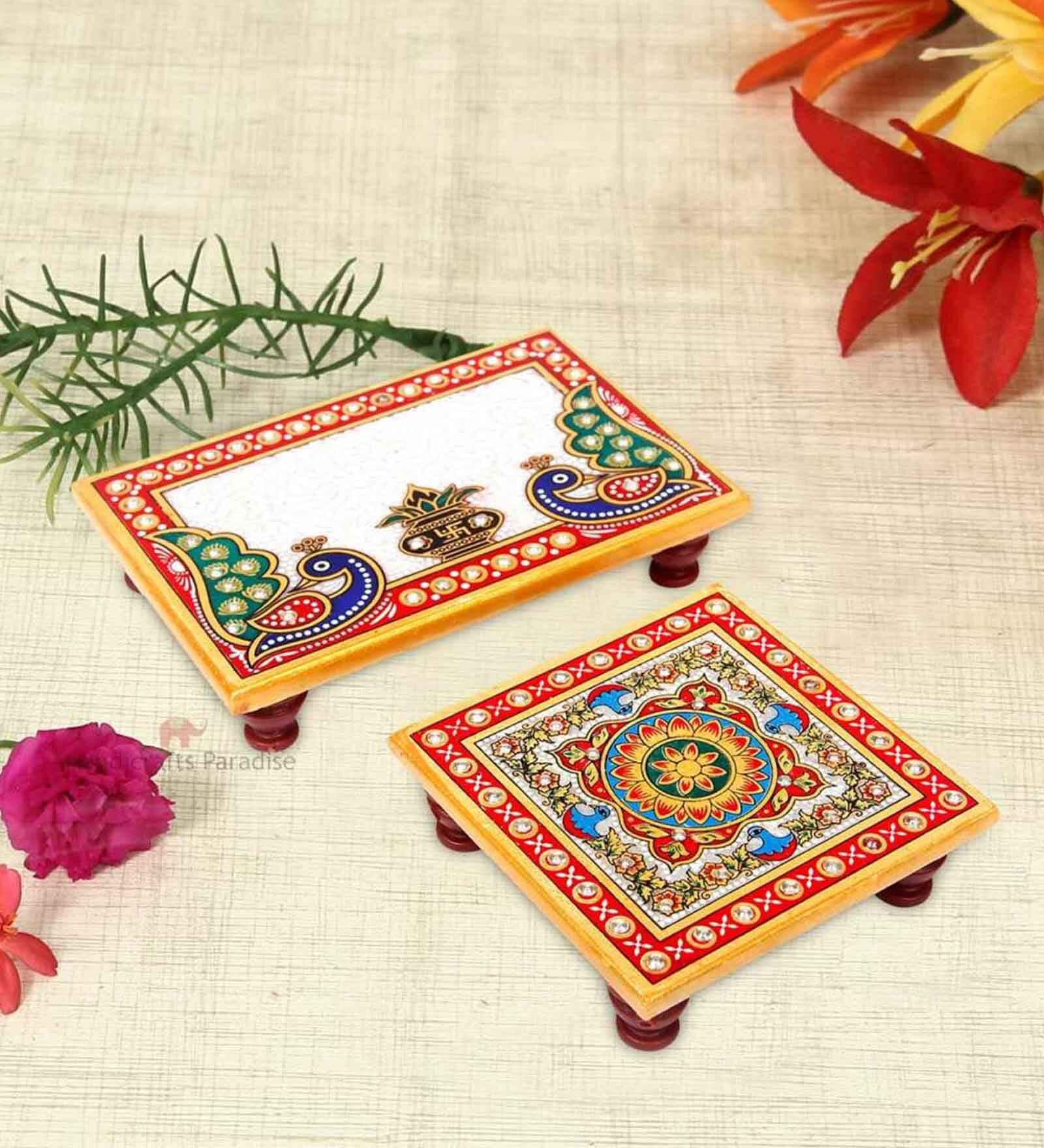 Peacock Motif Multicolour Marble (Set of 2) Pooja Chowkie
