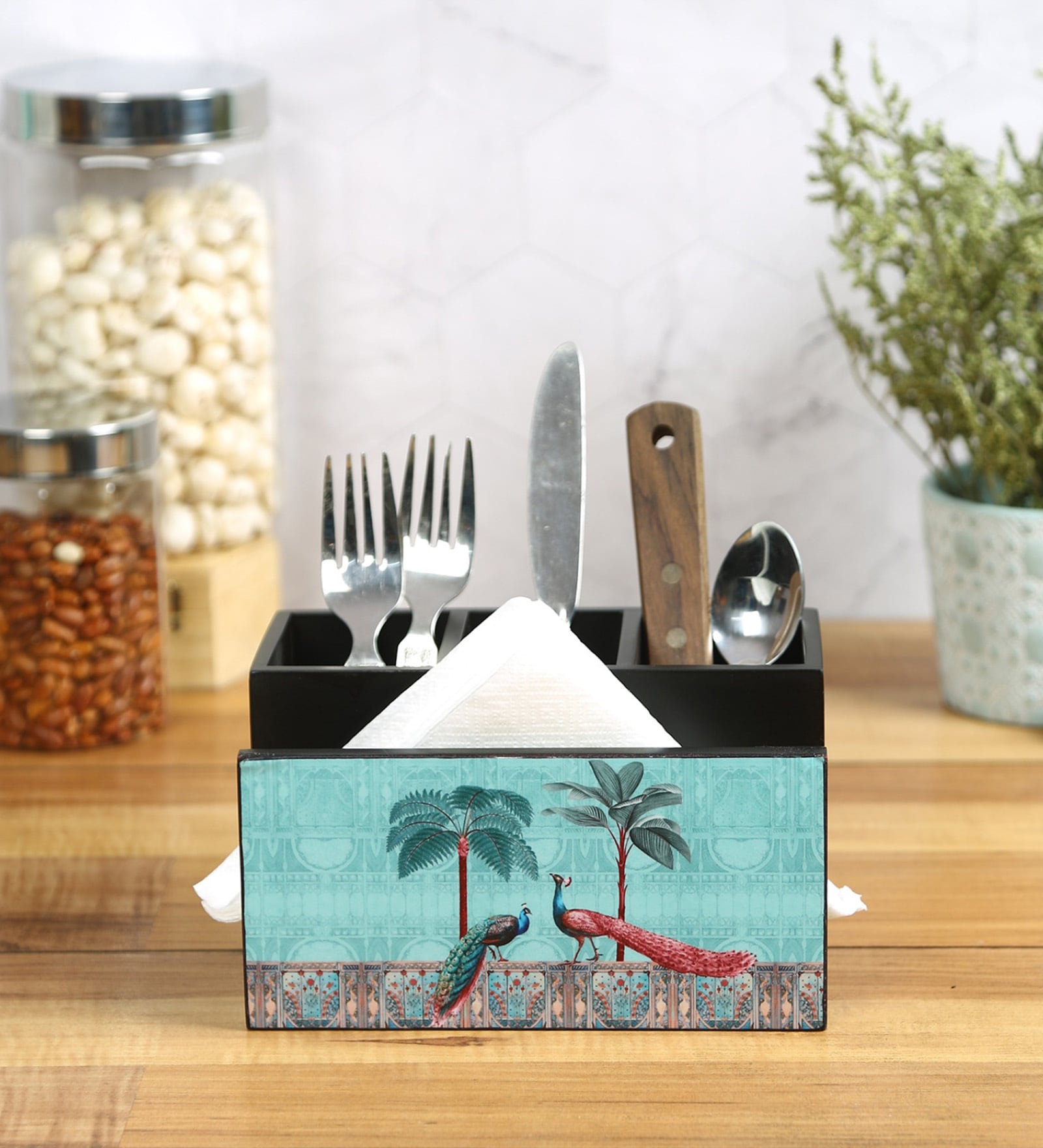 Peacock Multicolor MDF Cutlery and Tissue Holder