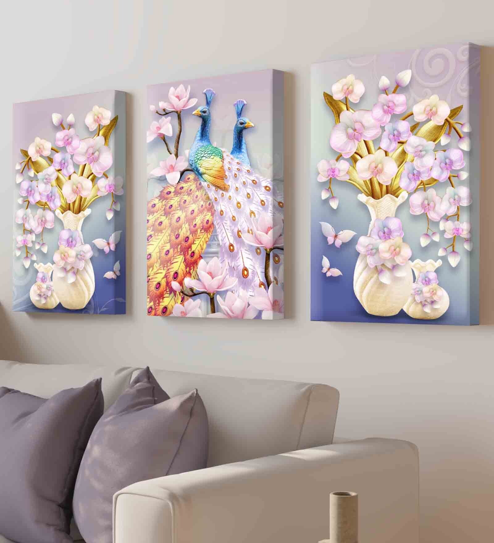 Peacock Multicolour Engineered Wood (Set of 3) Art Panels