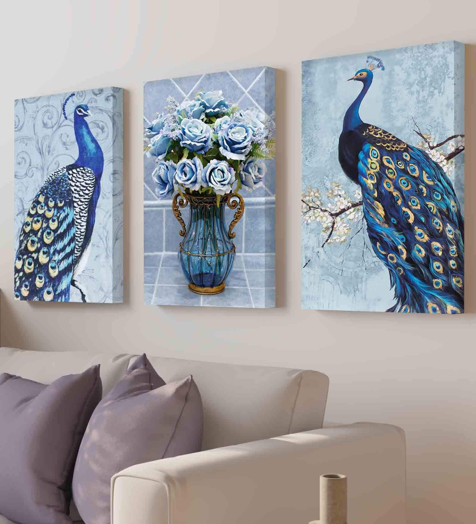 Peacock Blue Engineered Wood (Set of 3) Art Prints