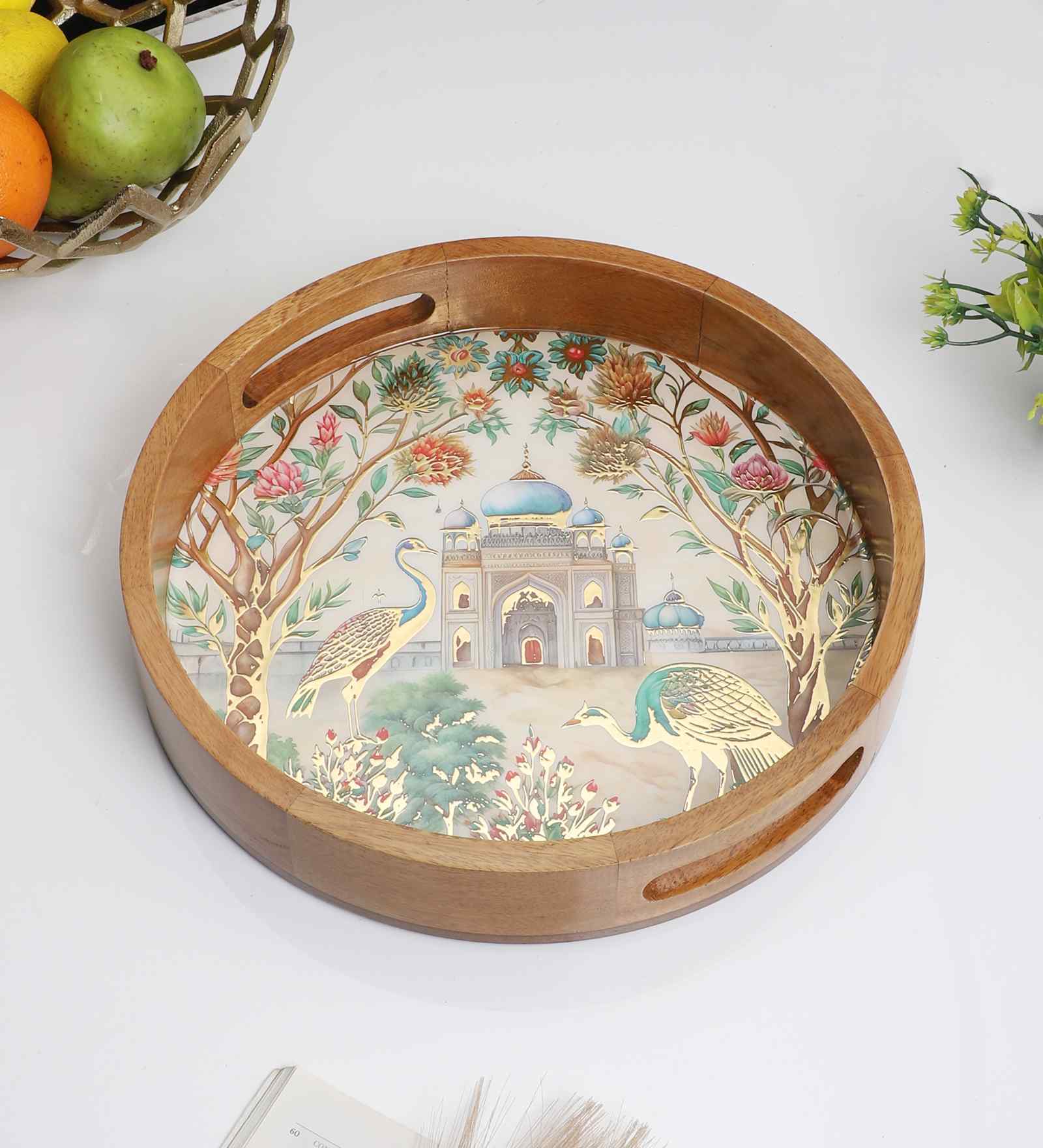 Peacock Palace Round Tray   Mughal-Inspired Art- Large (1 Piece)