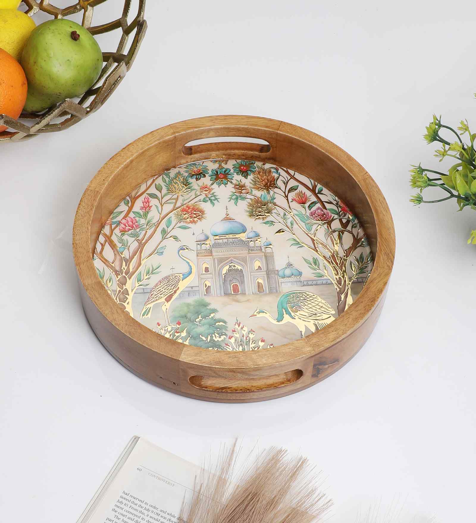Peacock Palace Round Tray   Mughal-Inspired Art- Small (1 Piece)