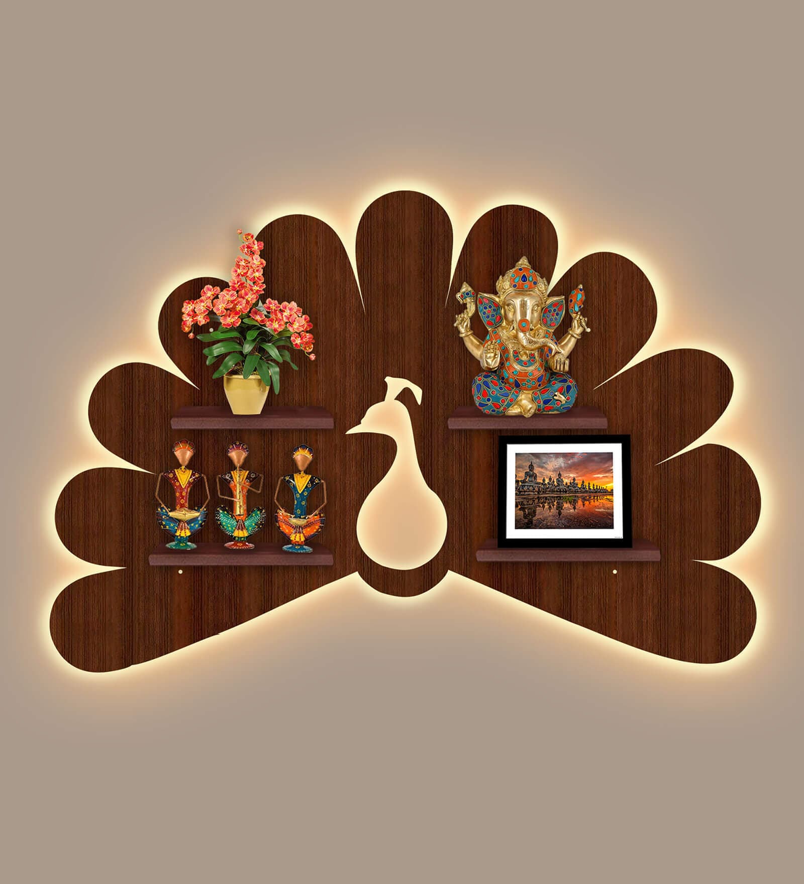 Peacock Shape Walnut Wood Wall Shelf