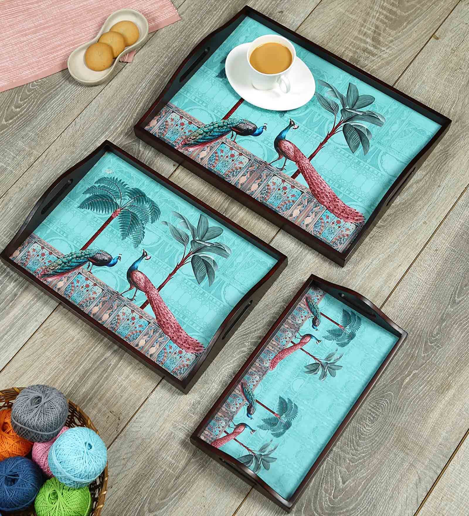 Peacock Teak Brown Teak Wood & MDF Serving Tray (Set of 3) Reinvention factory