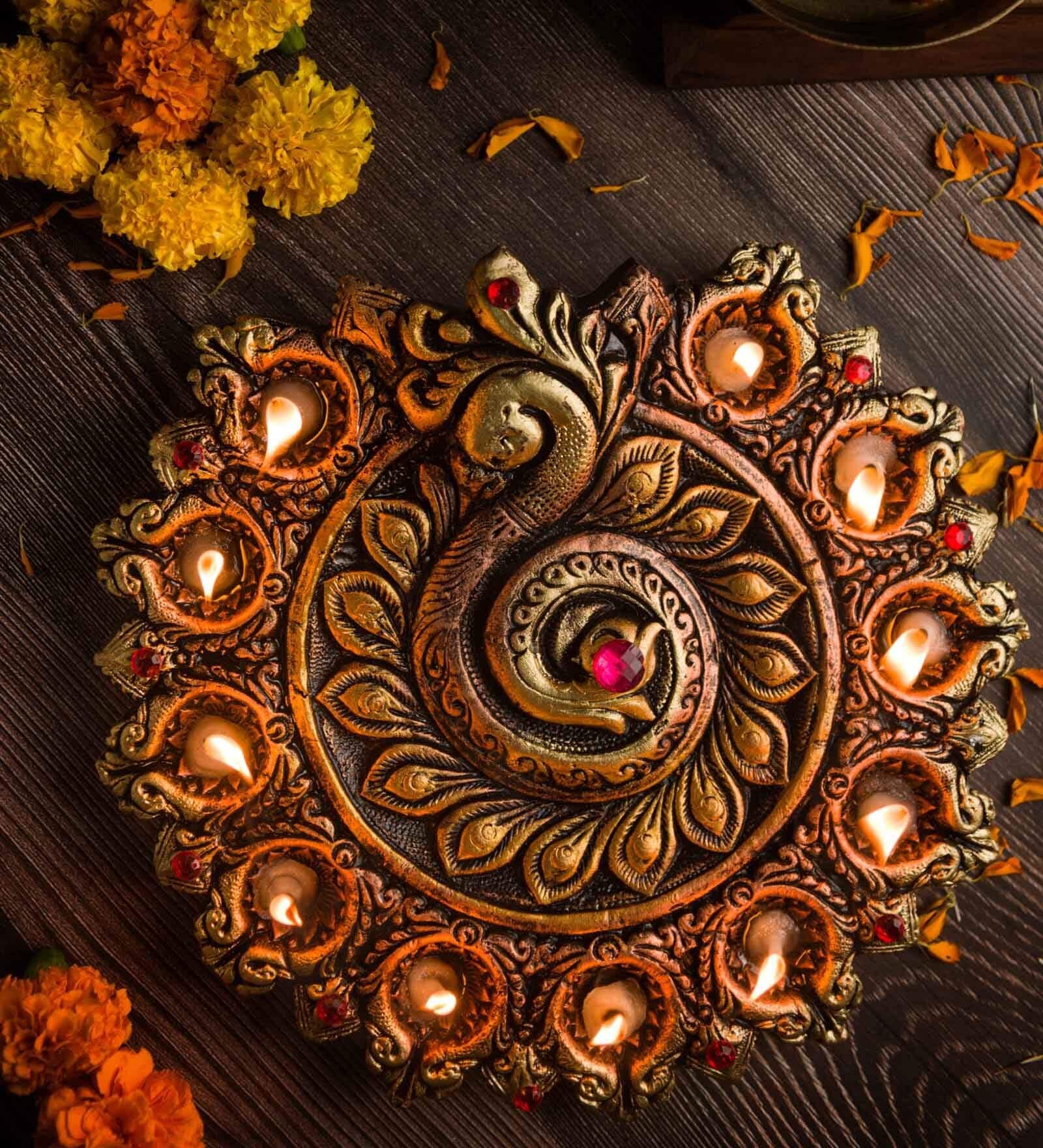 Peacock Terracotta 9 Diya Plate (Gold)