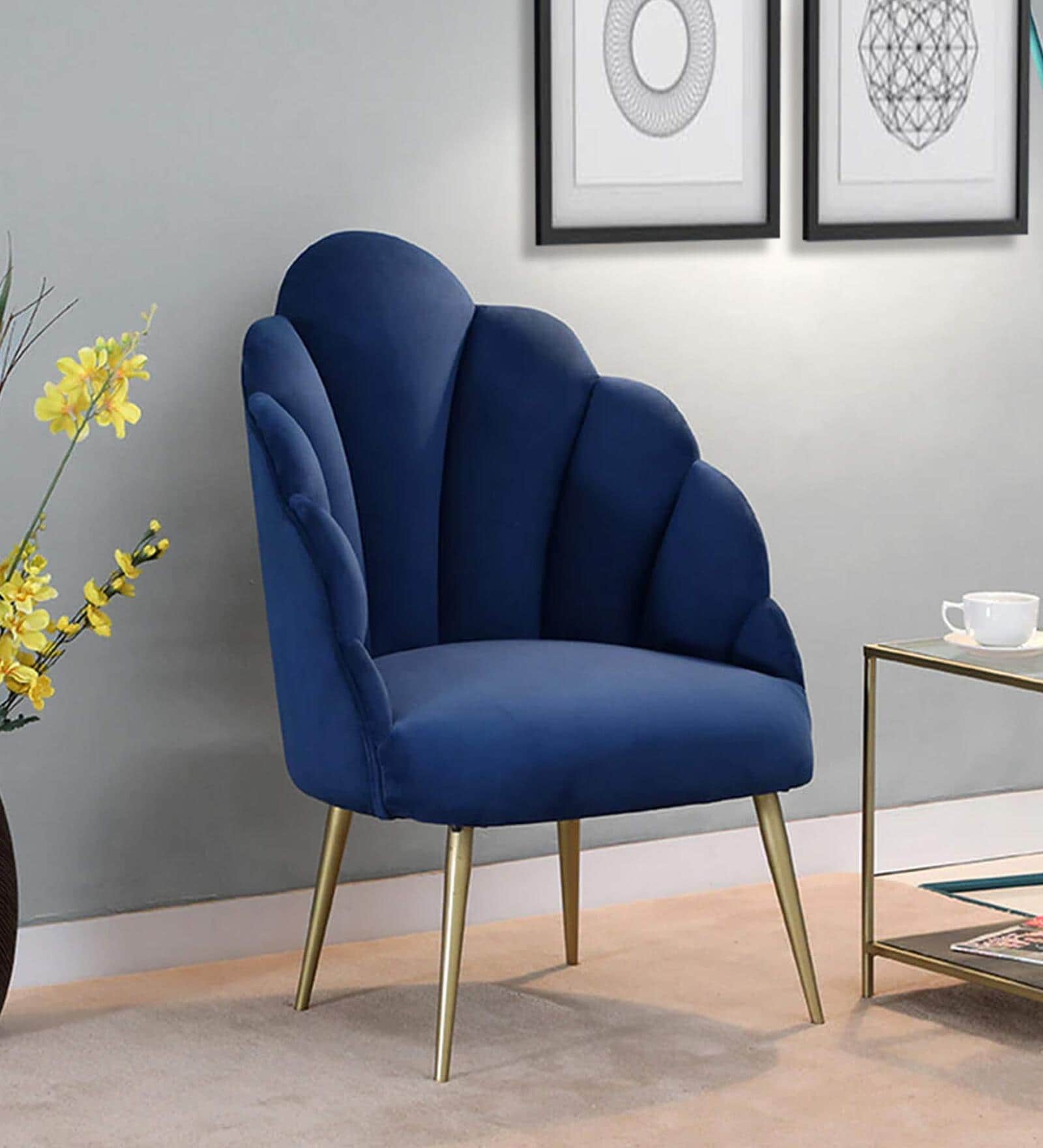 Tavira Velvet Full Back Lounge Chair In Blue Colour On Golden Base