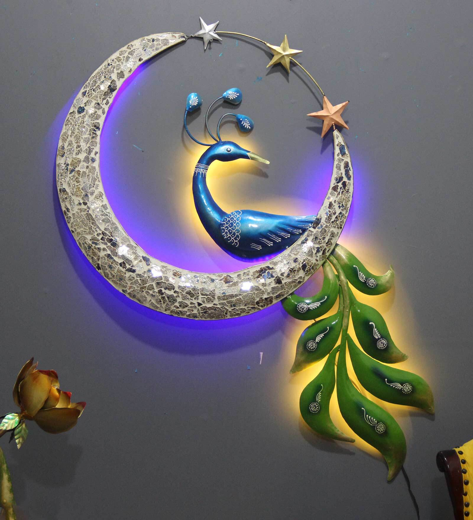 Iron Peocock Wall Art With LED In Multicolour