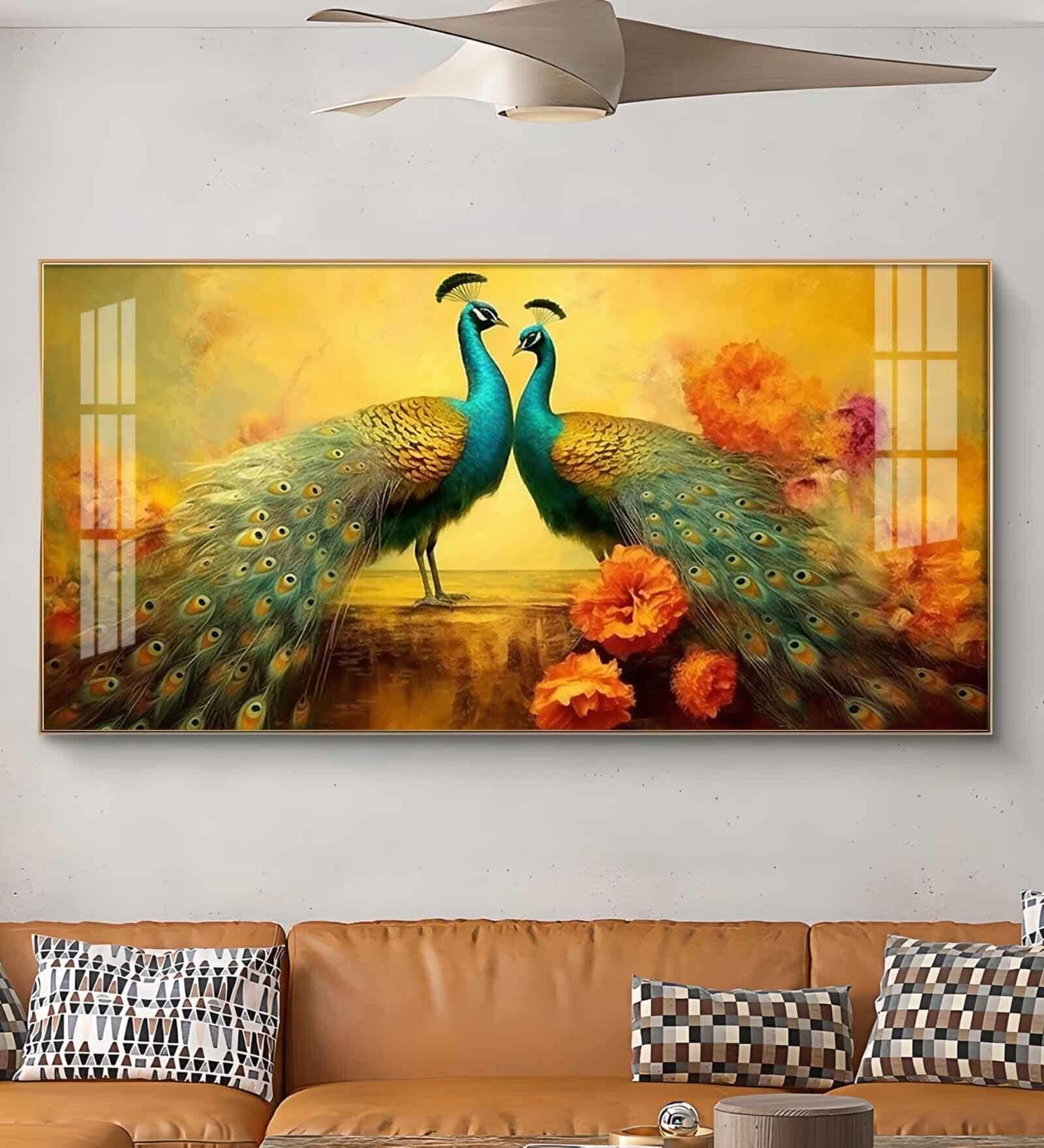 Peacocks With Flower Background Glass Finish Horizontal Wall Art