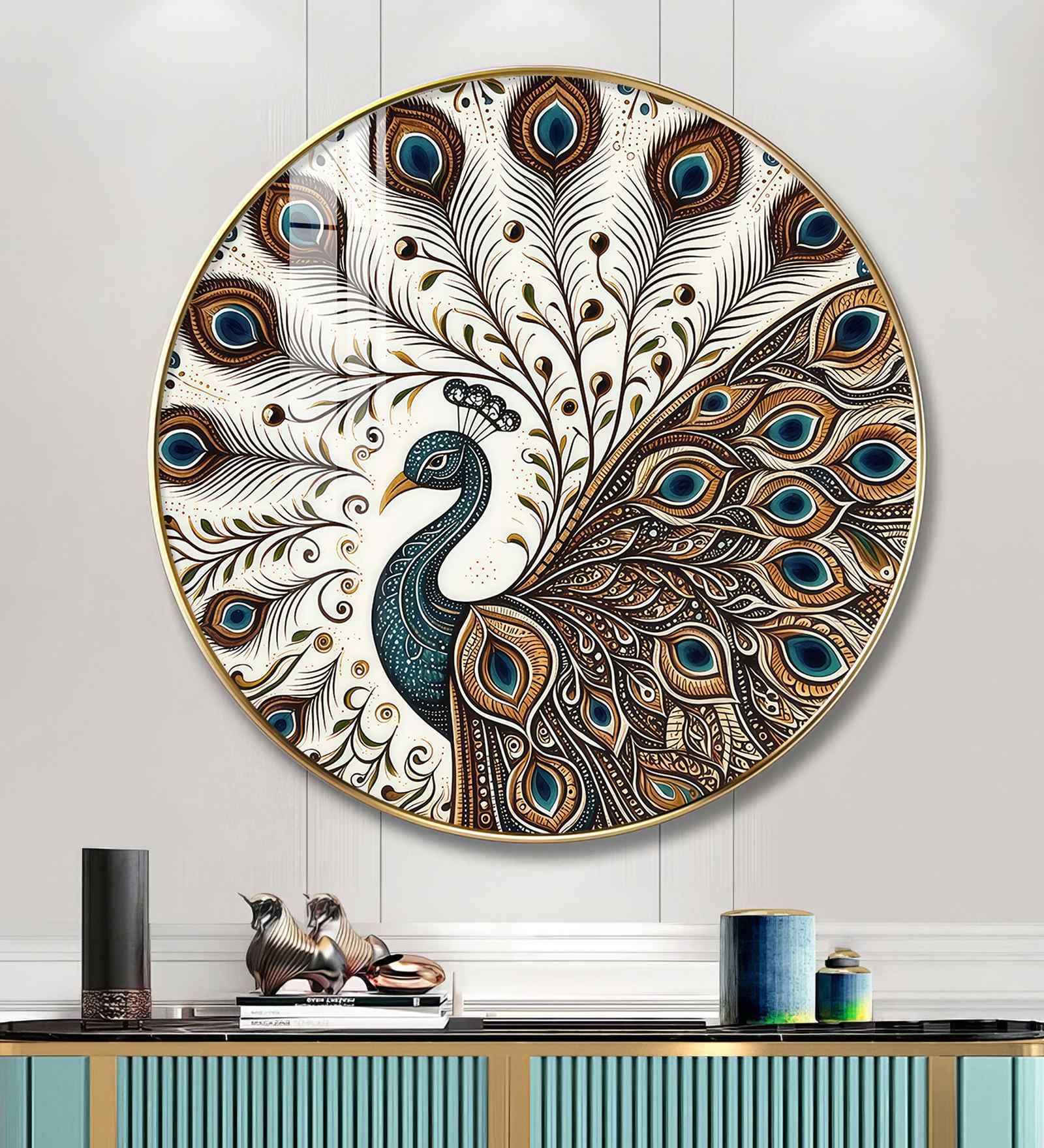 Peacok With White Background Acrylic Round Wall Art