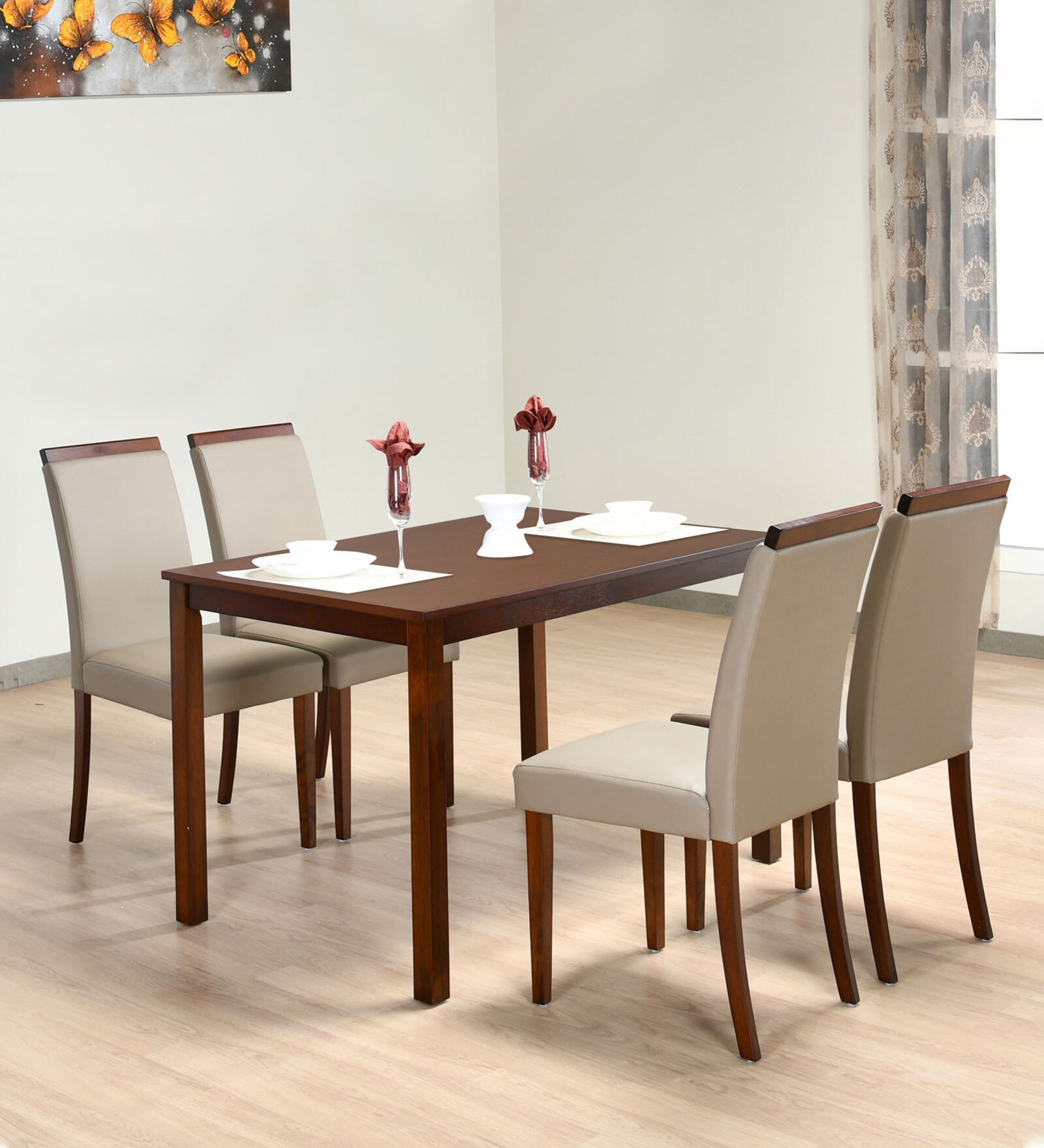 Pearl Solid Wood 4 Seater Dining Set in Cappucino Finish