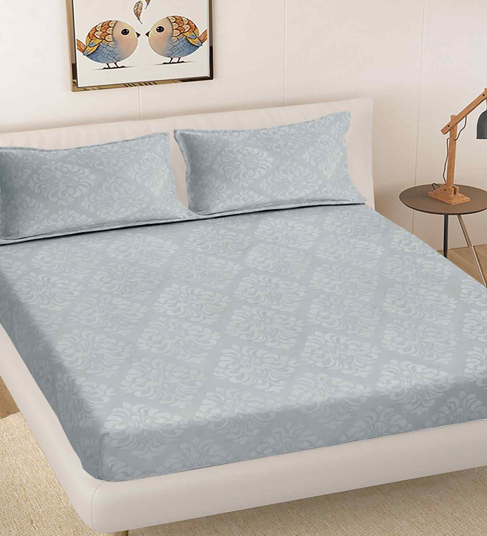 Pearl Grey Ethnic 300 TC Cotton Blend King Size Embossed Double Bedsheet with 2 Pillow Covers