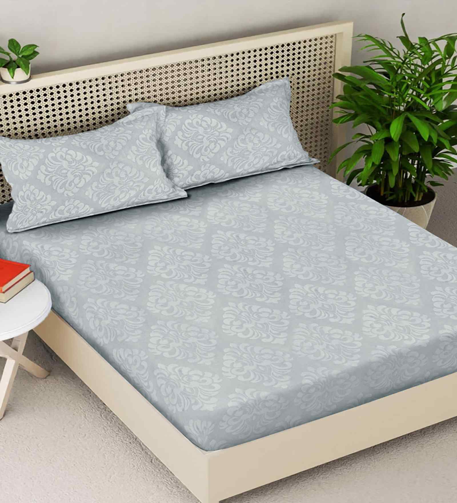 Pearl Grey Ethnic 300 TC Cotton Blend King Size Fitted Embossed Double Bedsheet with 2 Pillow Covers