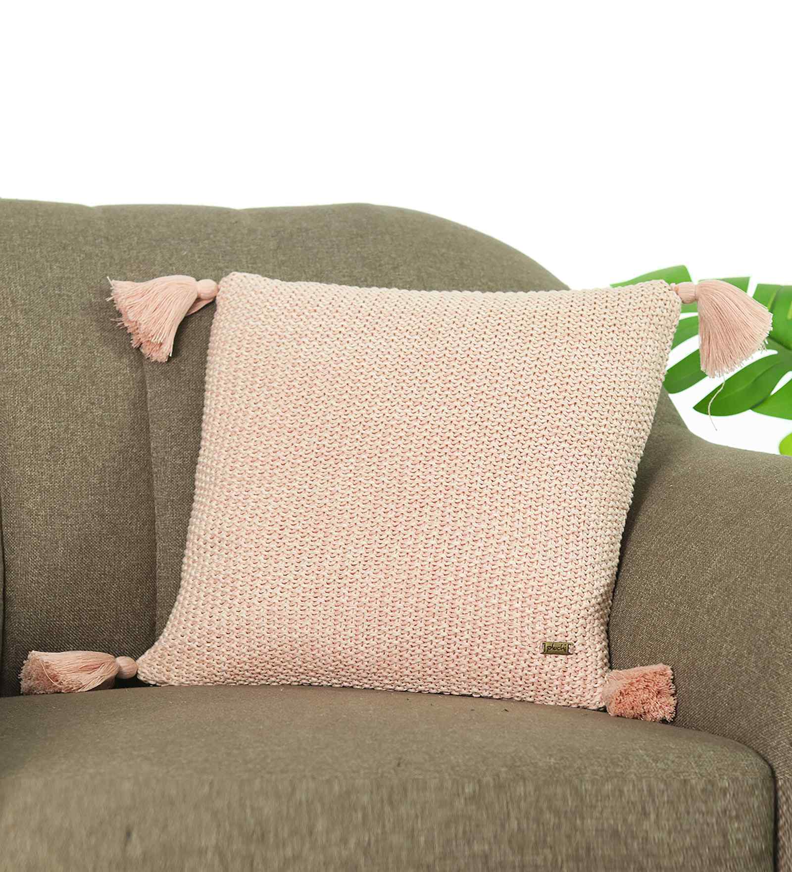 Pearl Pink & Natural 100% Cotton Moss 16X16 Inches Knitted Cushion Cover