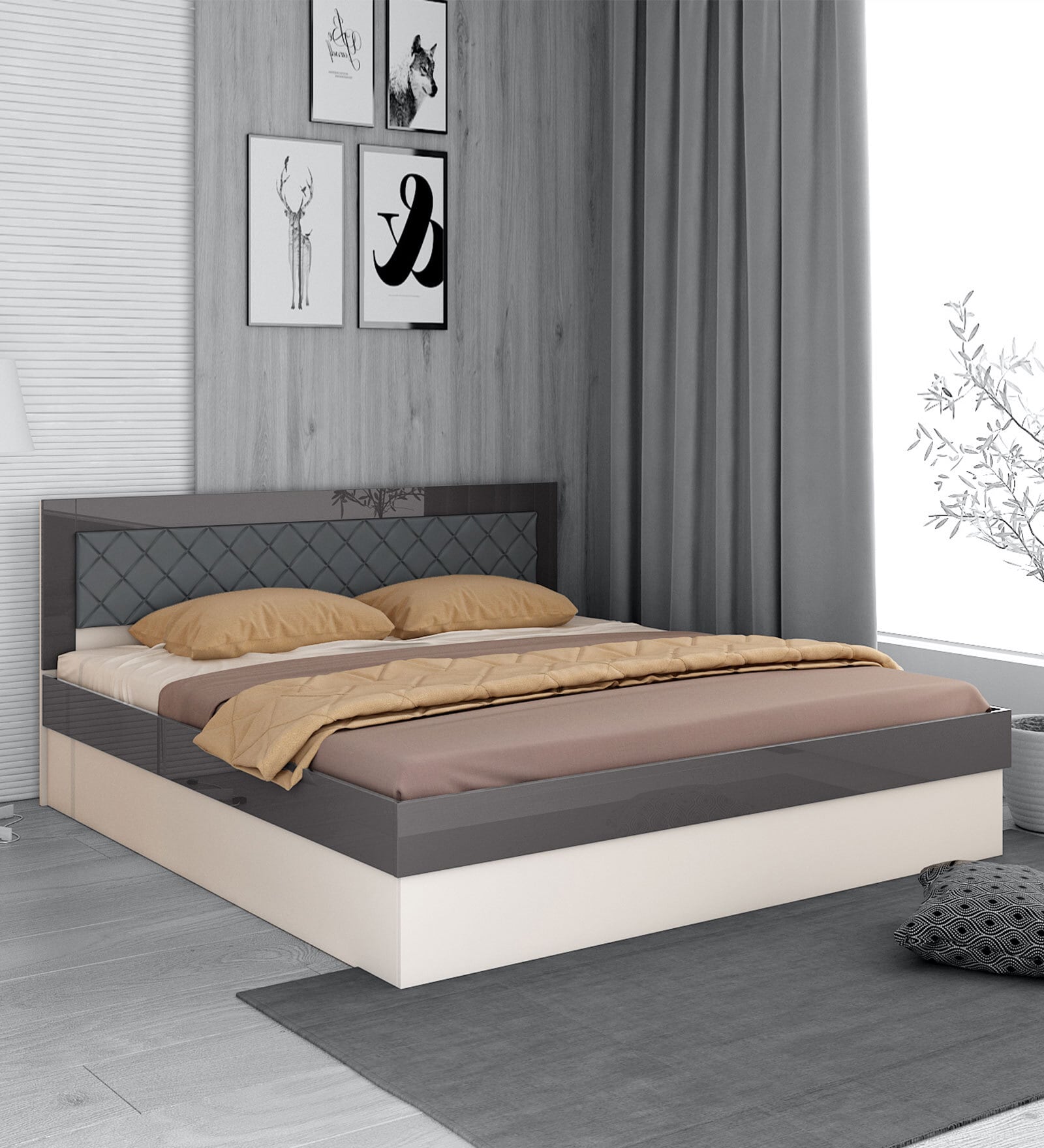 Buy Pearl Queen Size Bed in Grey & White Glossy Finish with Hydraulic