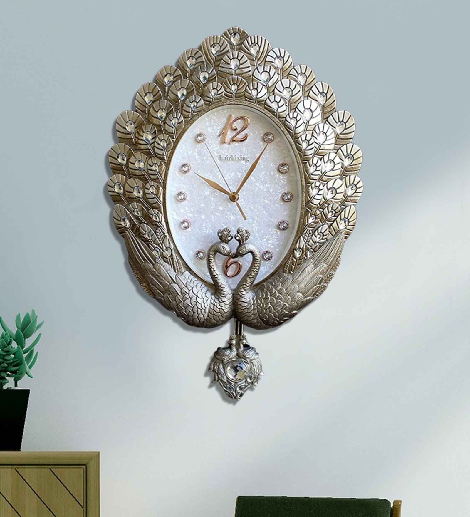 Silver Plastic Peacock Pendulum Clock