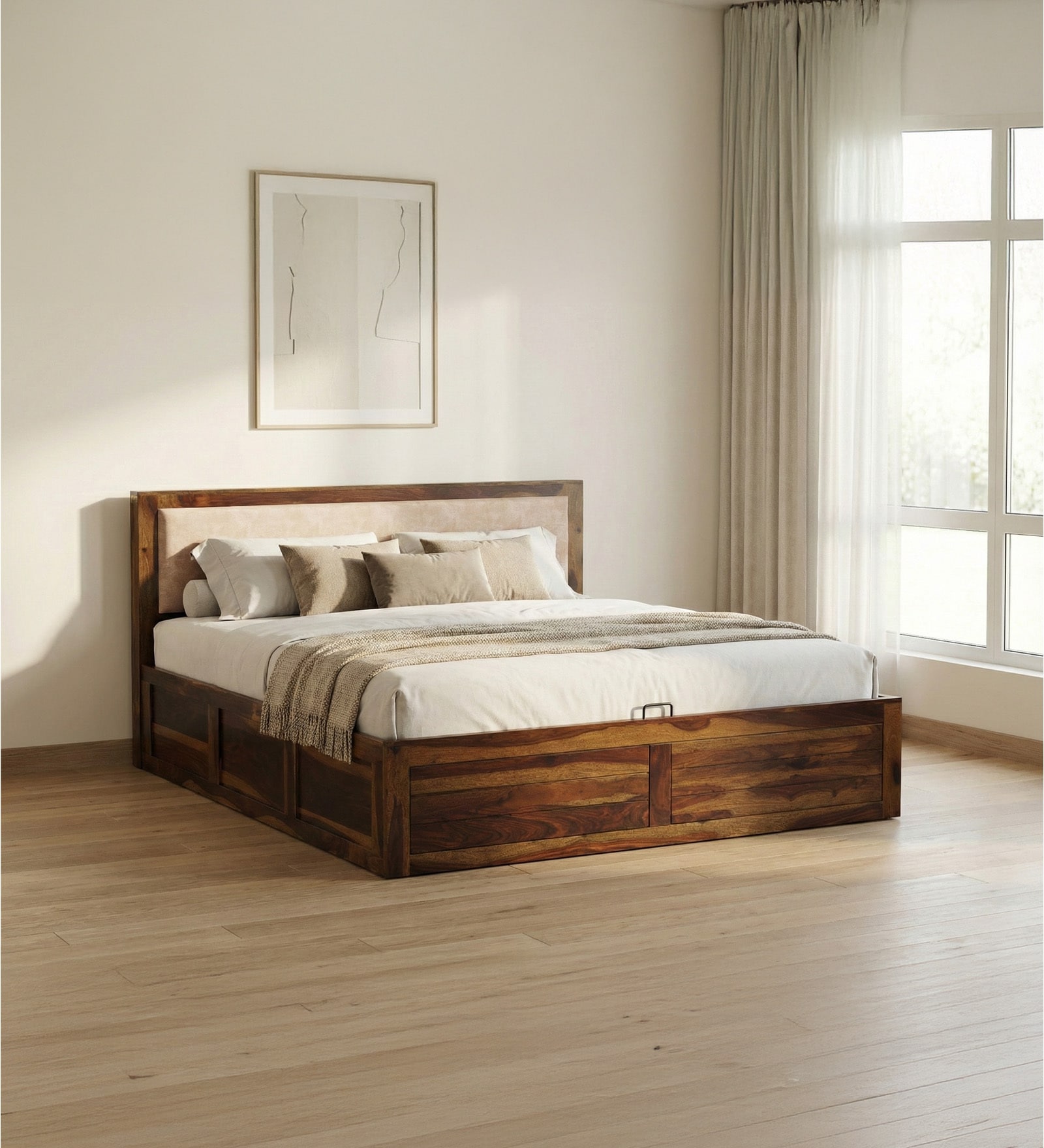 Pearl Sheesham Wood Upholstered Kind Size Bed With Hydraulic Storage
