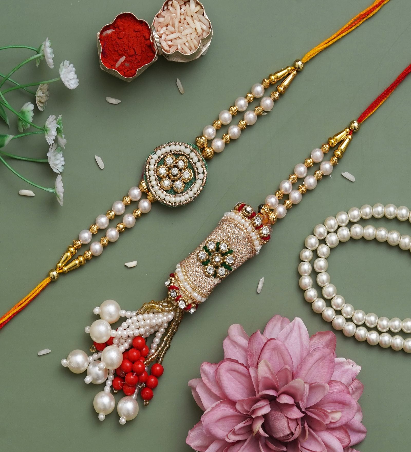 Handmade Beads Shell Work Bhaiya Bhabhi Rakhi Set 118