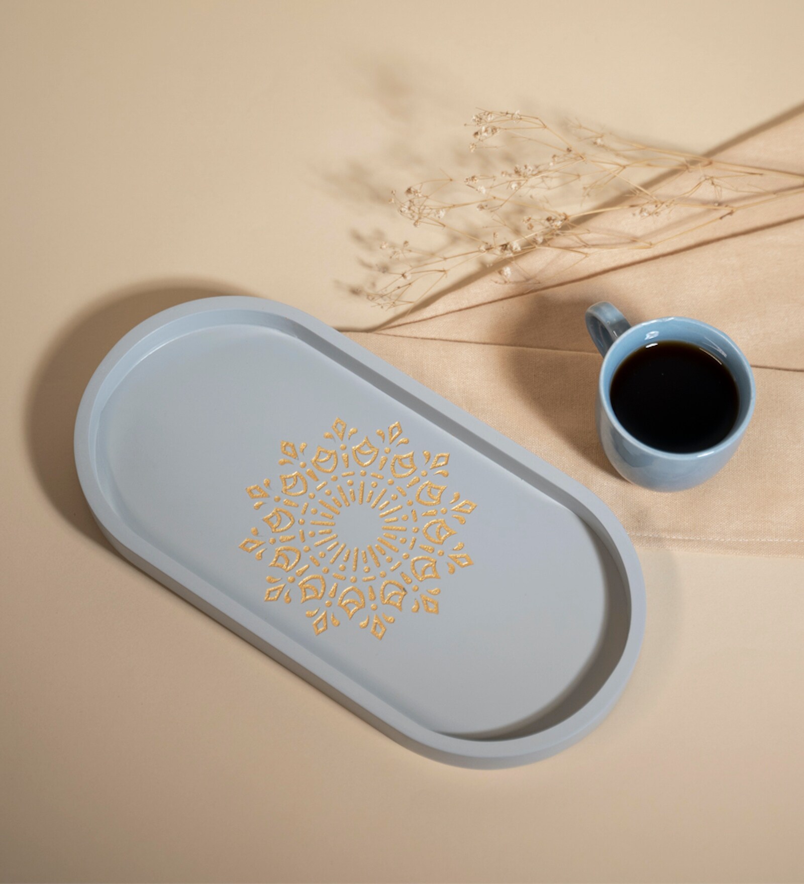 Grey Premium MDF Oval Tray Small with Mandala Art