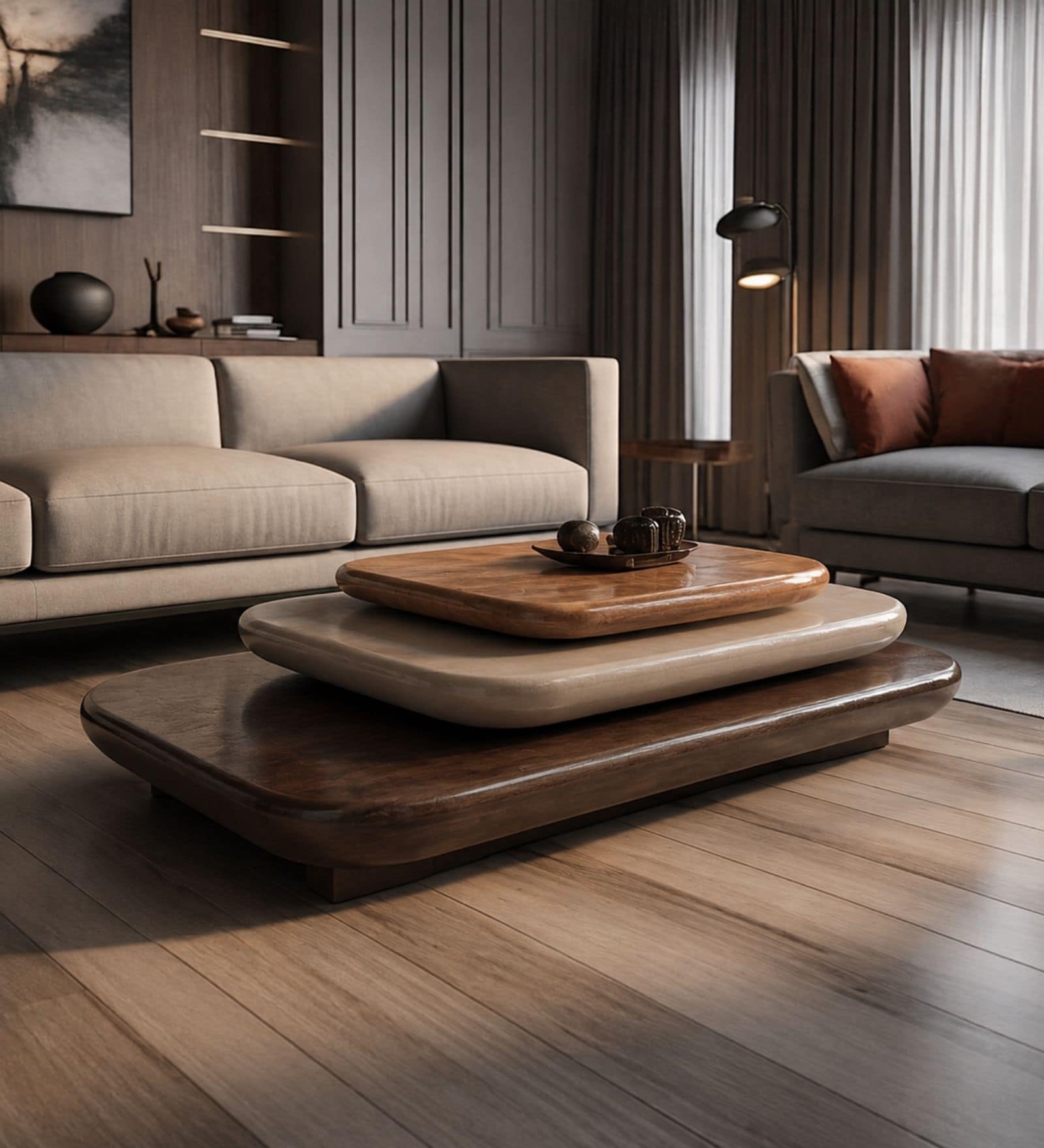Pebble Rotating 3-Tier Centre Table In Dark-Walnut Finish