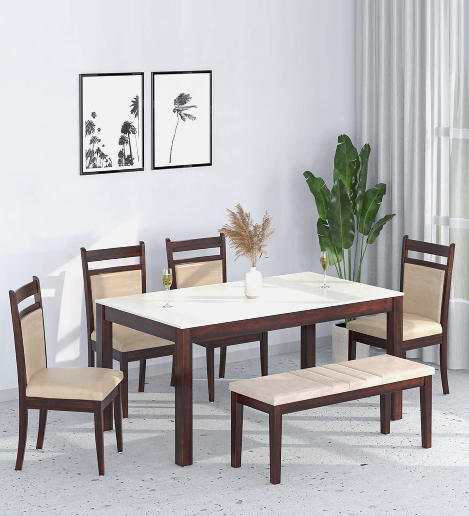 Pedro Marble Top 6 Seater Dining Set In Beige Colour