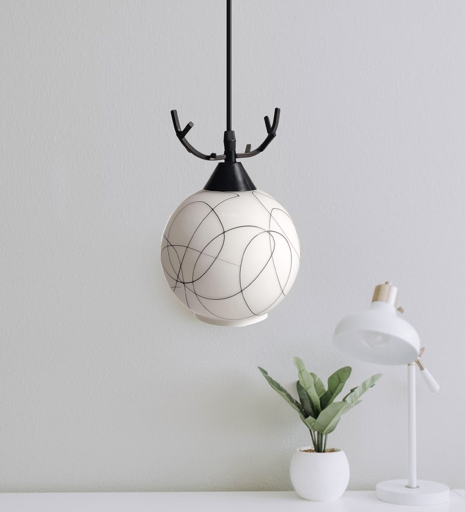 Pendant Black & White (E- 27/ 12 Watt) Metal & Glass Globe Hanging Light