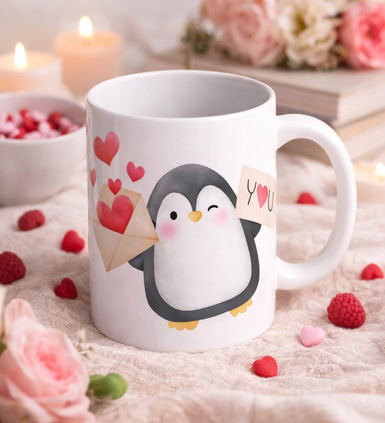 Penguin with Hearts Printed Coffee Mug