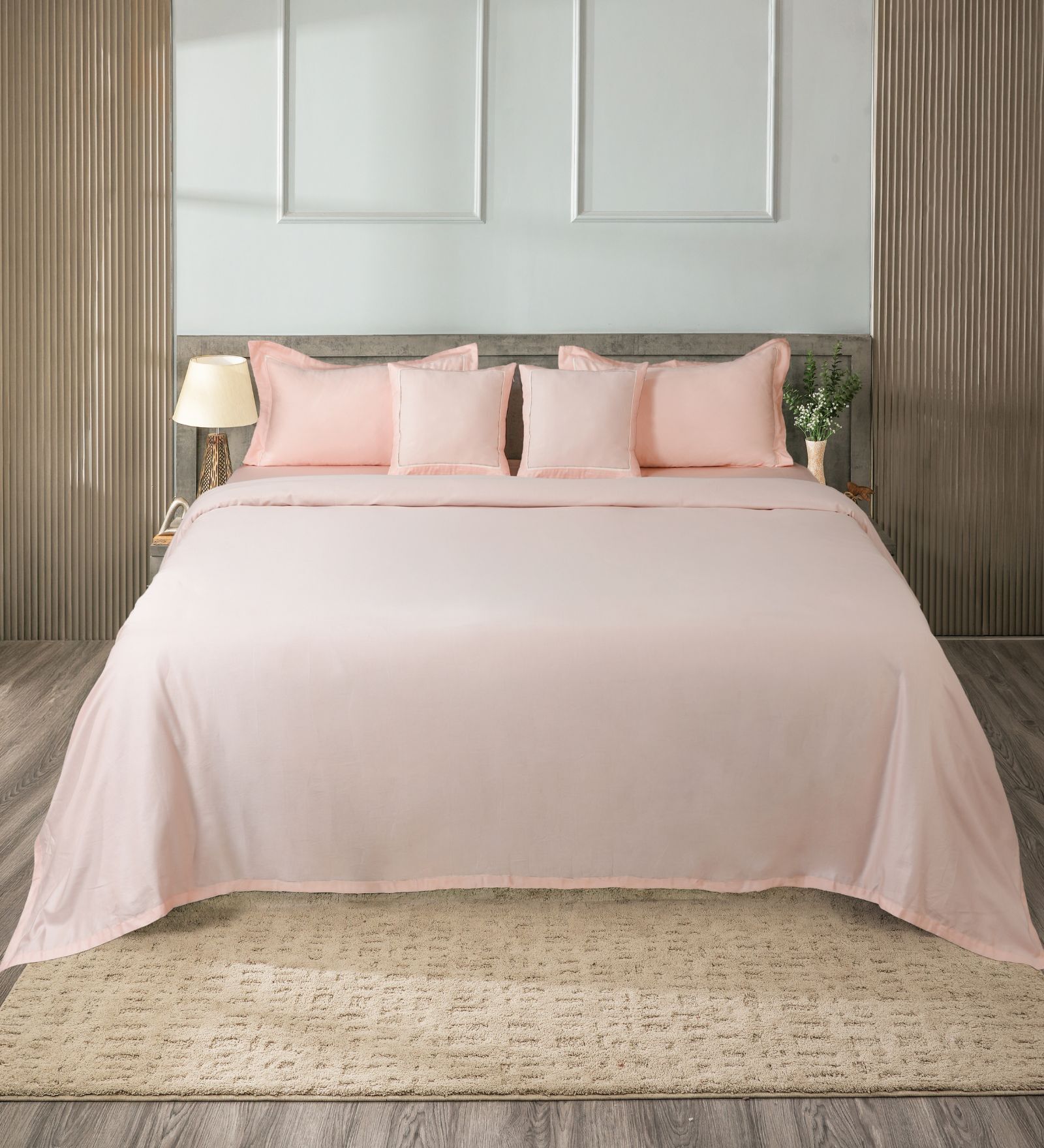 Pink 300TC 100% Cotton Solid 5Pcs Bedding Set