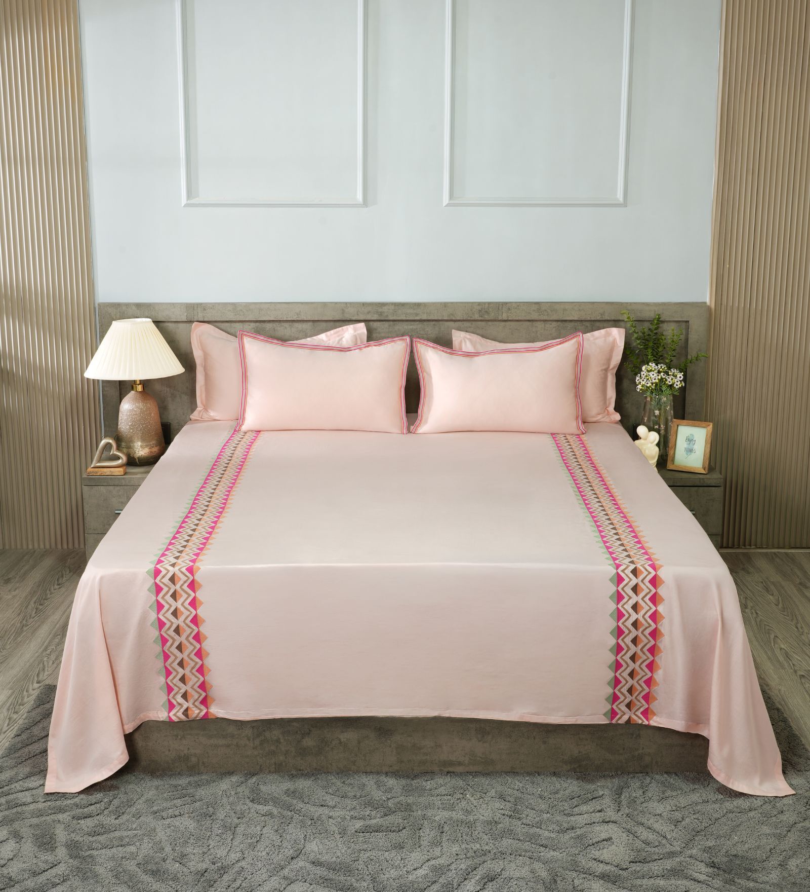 Peony Blush 300TC 100% Cotton Solids Flat Embroidered Super King Bedsheet With 2 Pillow Covers