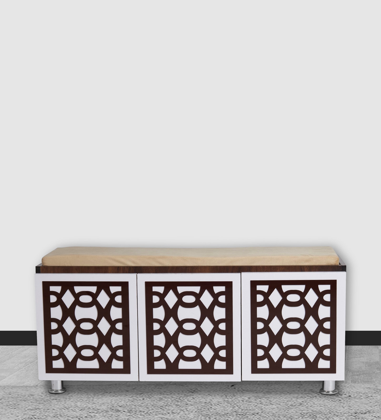 Pepper Shoe Rack with Seating in Brown Teak & White Finish
