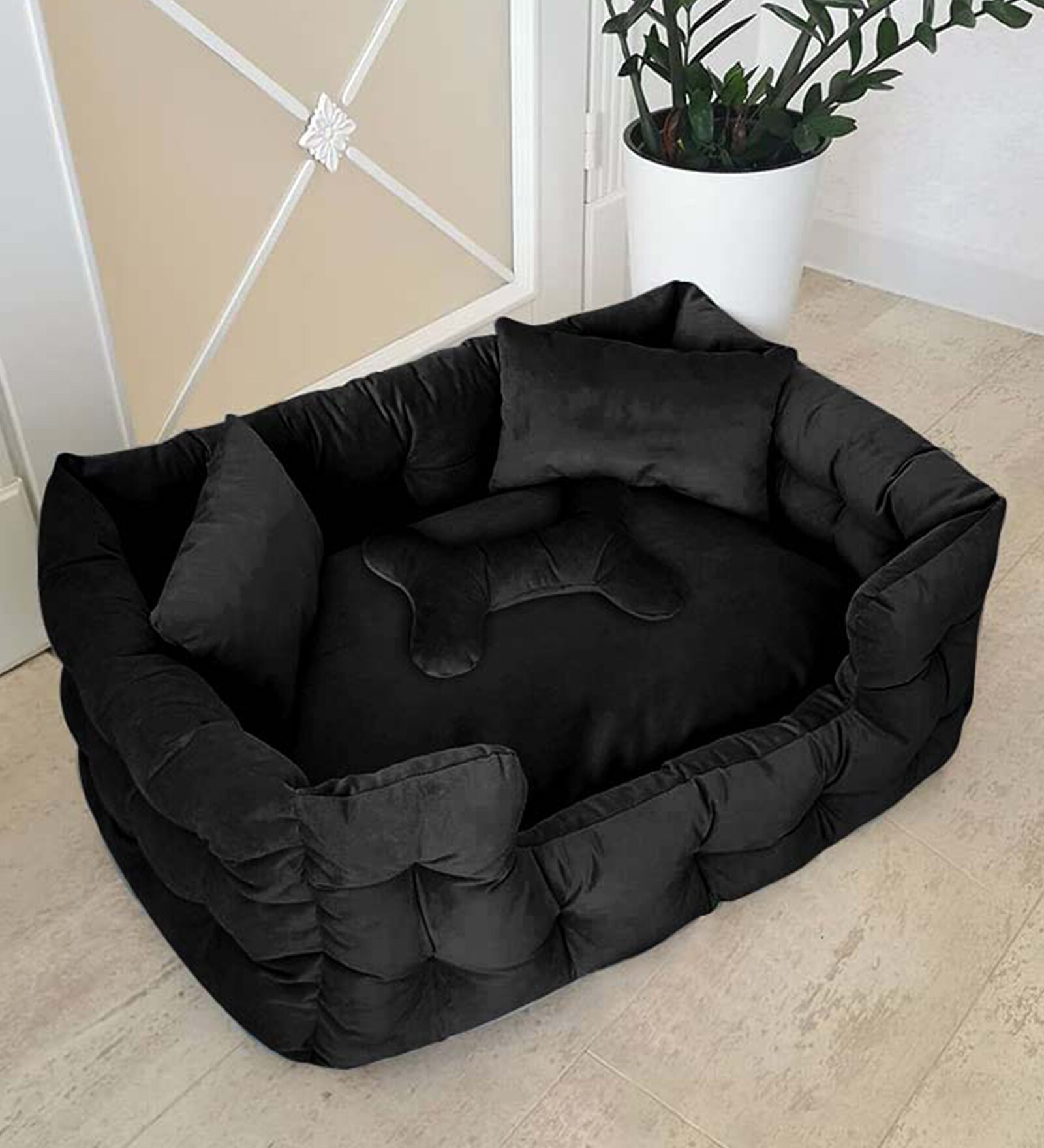 Holla Lounger- Large Black Velvet Pet Bed
