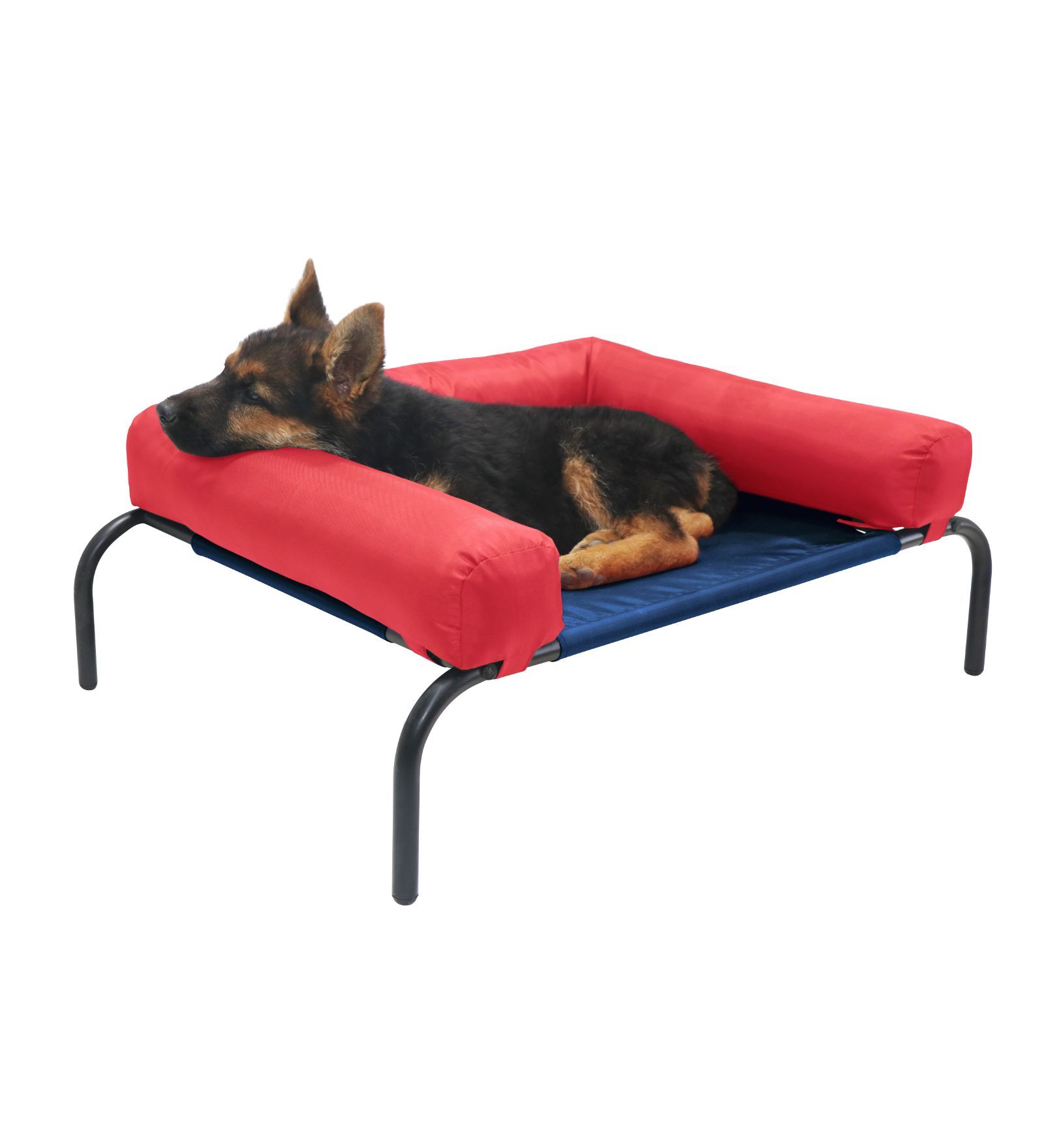 Elevated- Large Red & Blue Fabric & Metal Bolstered Pet Bed Elevated- Large Red & Blue Fabric & Metal Bolstered Pet Bed