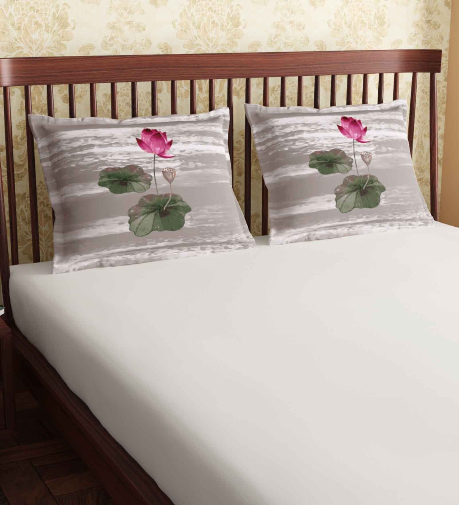 Beige Floral and Striped 300TC Cotton 18 x 27 Inches Pillow Covers (Set of 2)
