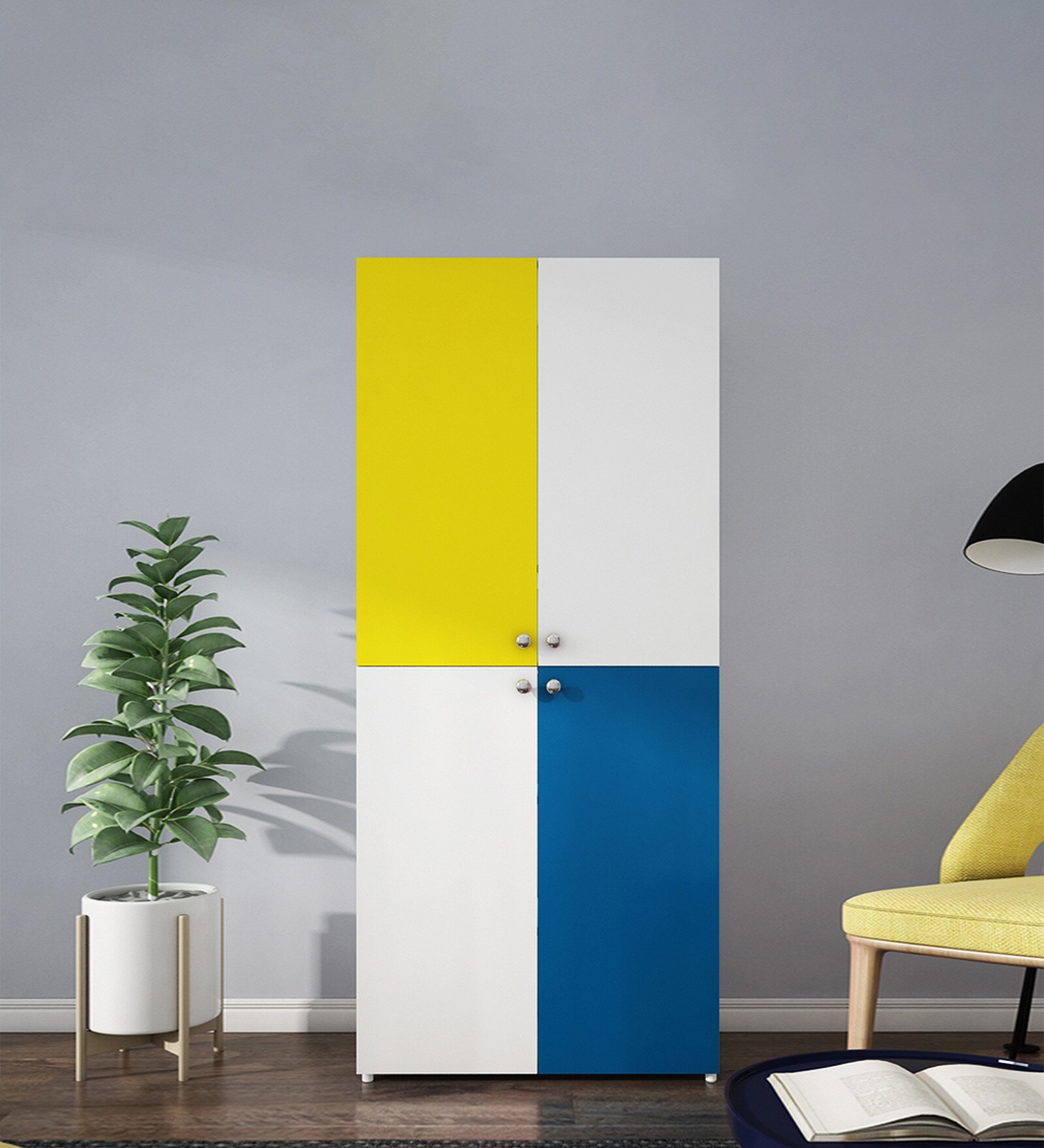 Petals 2 Door Wardrobe in Frosty White Finish And Yellow Blue Finish