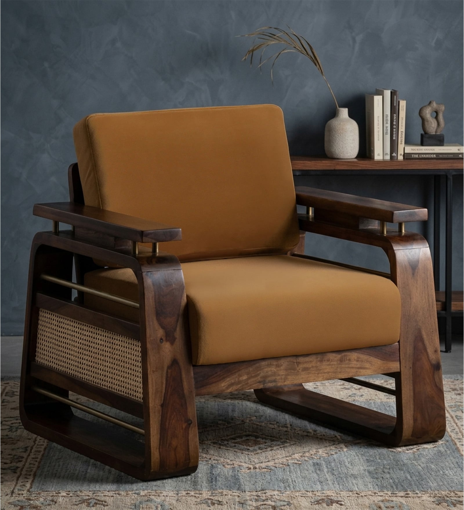 Petra Sheesham Wood 1 Seater Sofa In Light Brown Colour