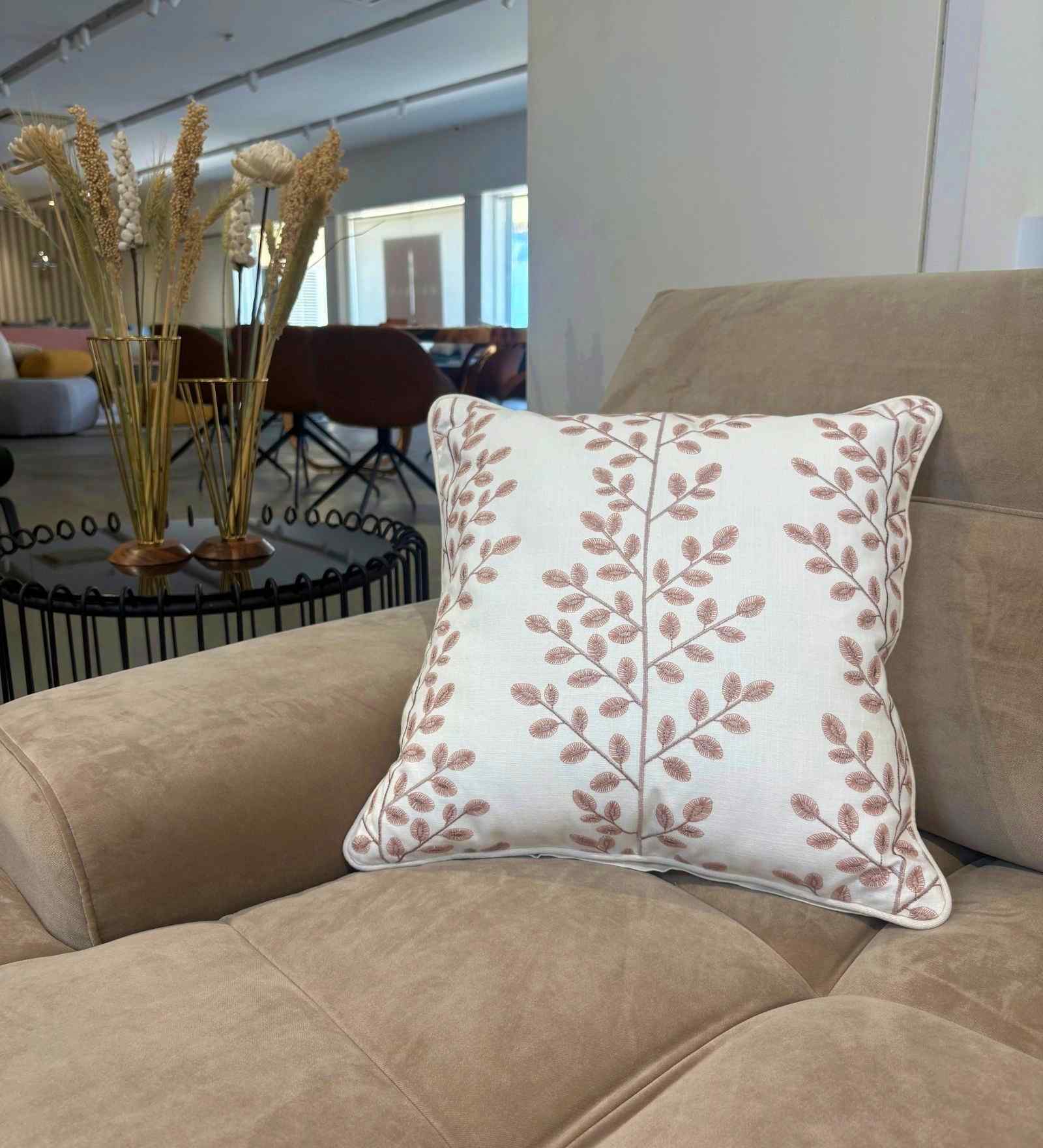 Beige Petunia 100% Cotton 16x16 Inches Embroidered Cushion Cover