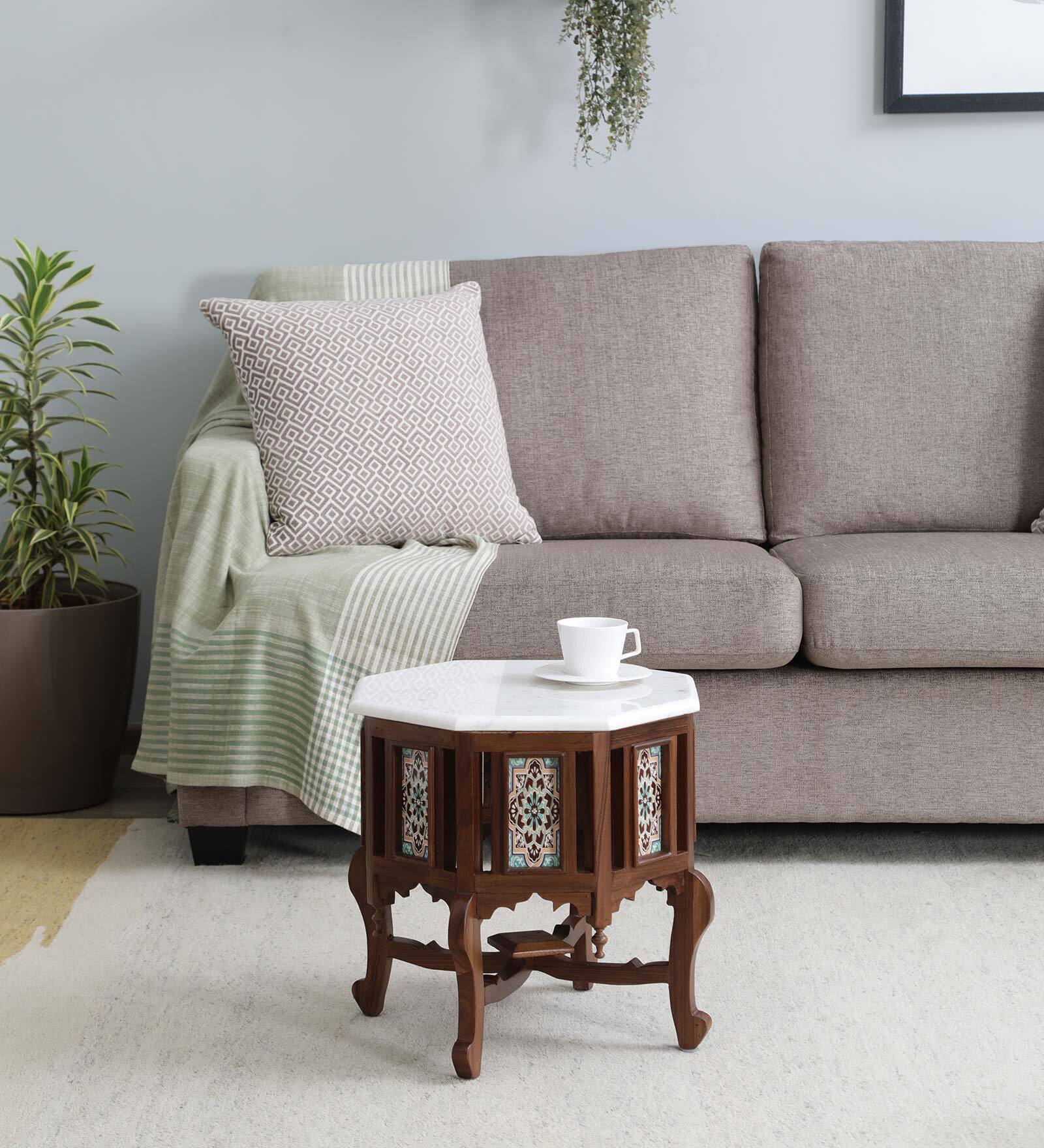 Petunia Teak Wood Coffee Table In Rustic Teak Finish With Marble Top