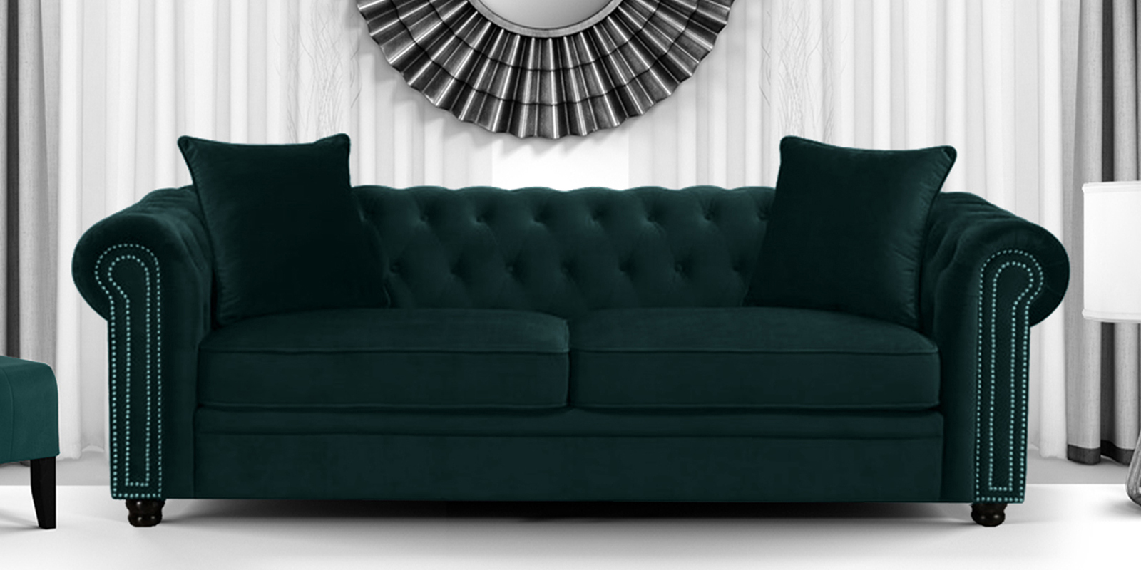 Perceptive Fabric 3 Seater Sofa in Green Colour