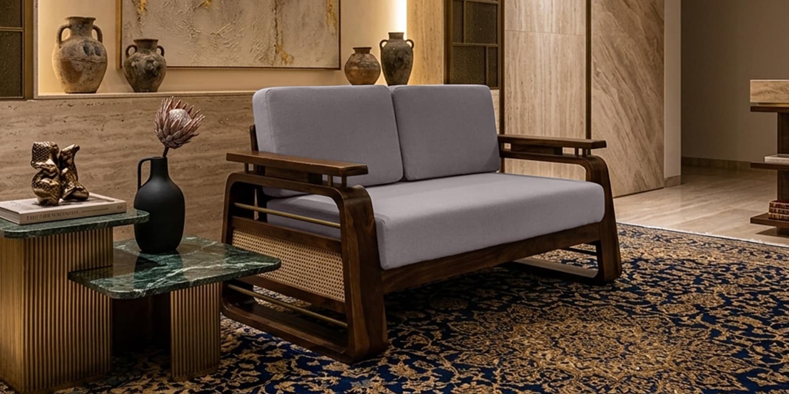 Petra Sheesham Wood 2 Seater Sofa In Beige Colour