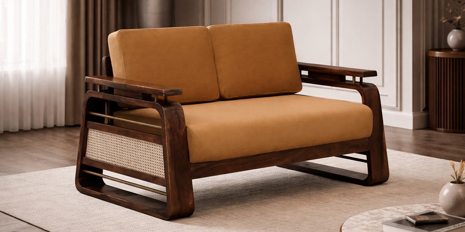 Petra Sheesham Wood 2 Seater Sofa In Light Brown Colour