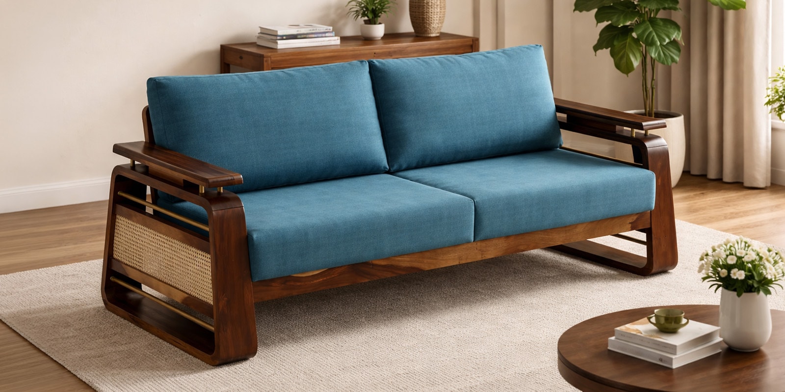 Petra Sheesham Wood 3 Seater Sofa In Blue Colour