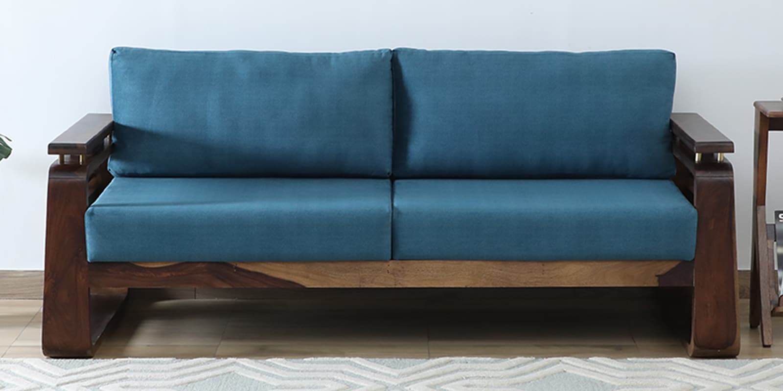 Petra Sheesham Wood 3 Seater Sofa In Blue Colour