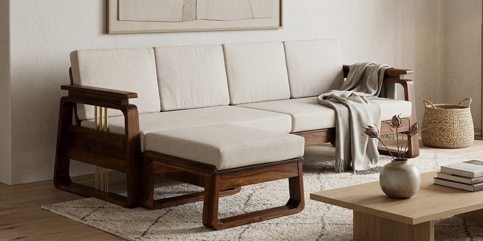 Petra Sheesham Wood LHS Sectional Sofa In Beige Colour